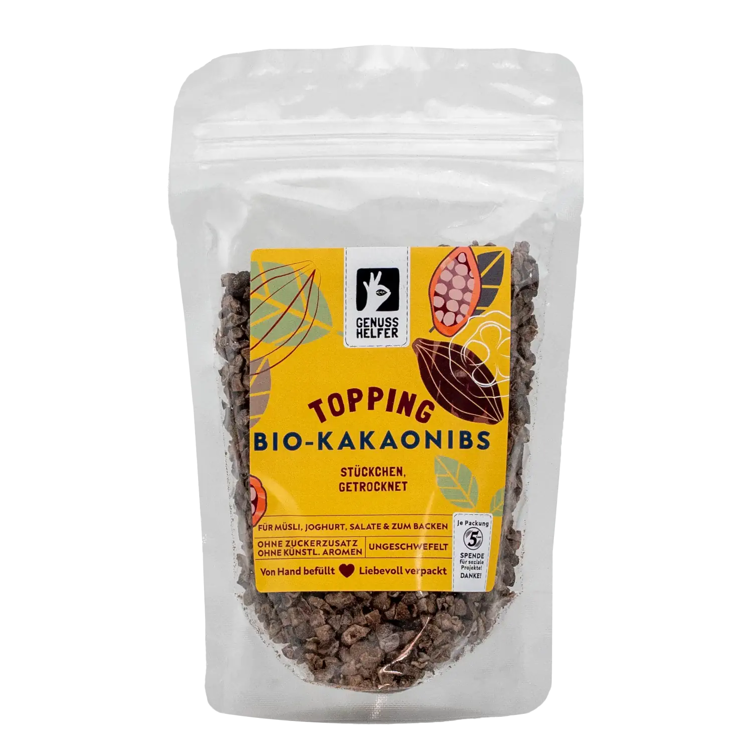 Kakaonibs BIO, getrocknet Vorderansicht eines Beutels mit getrockneten Bio-Kakaonibs als Topping
