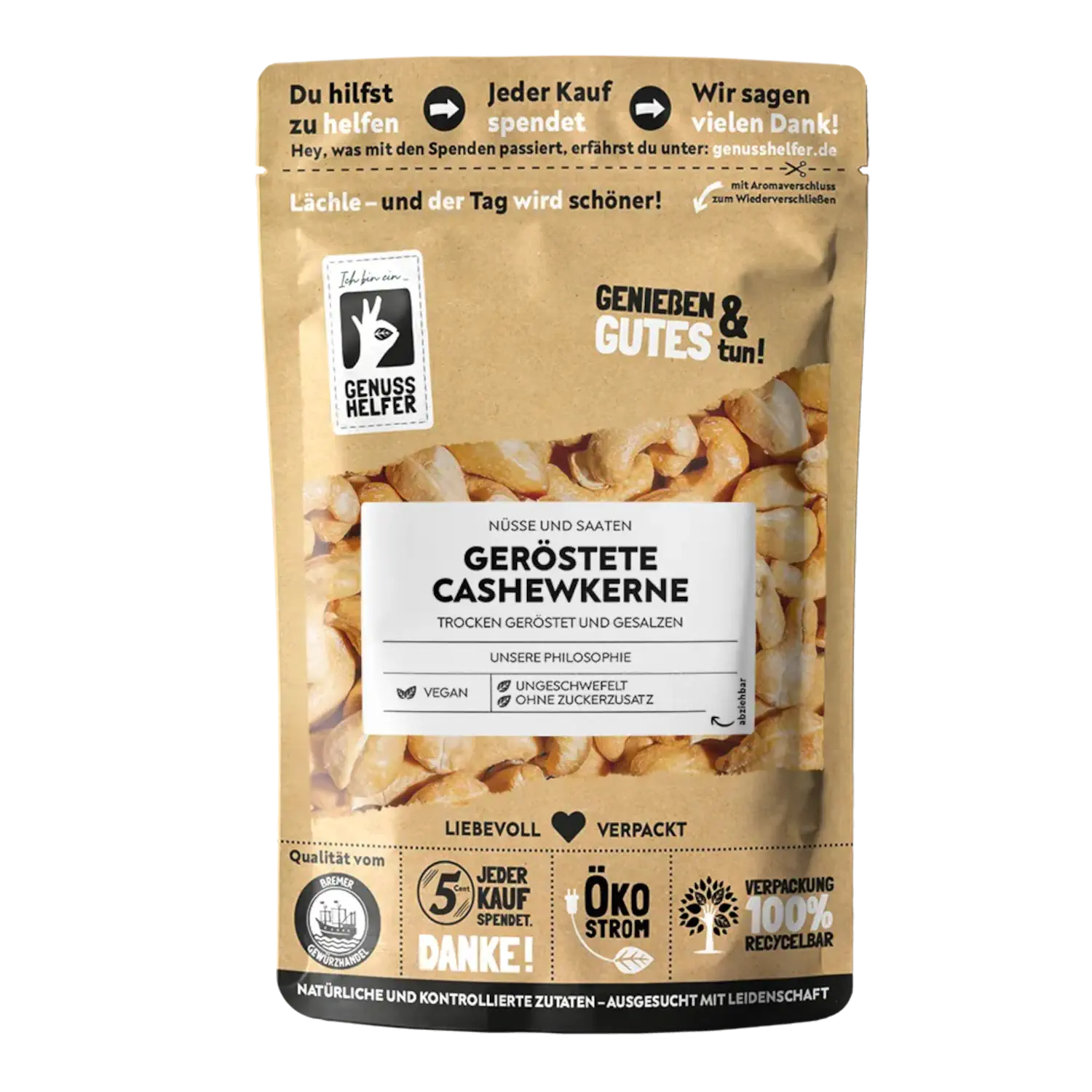 Cashewkerne, geröstet und gesalzen Vorderansicht eines Beutels mit gerösteten und gesalzenen Cashewkernen