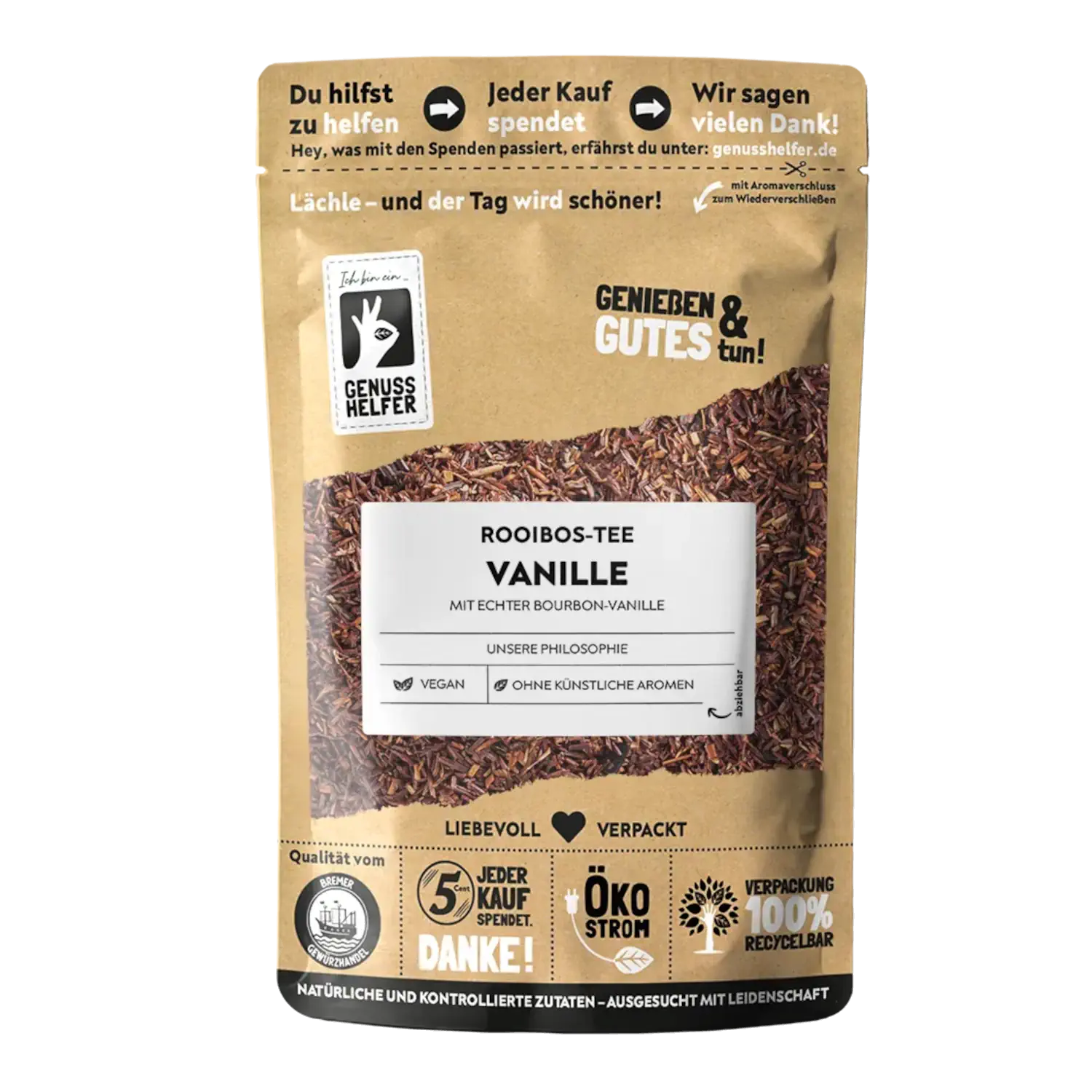 Rooibos Vanille Vorderansicht eines Beutels mit Rooibos-Tee Vanille