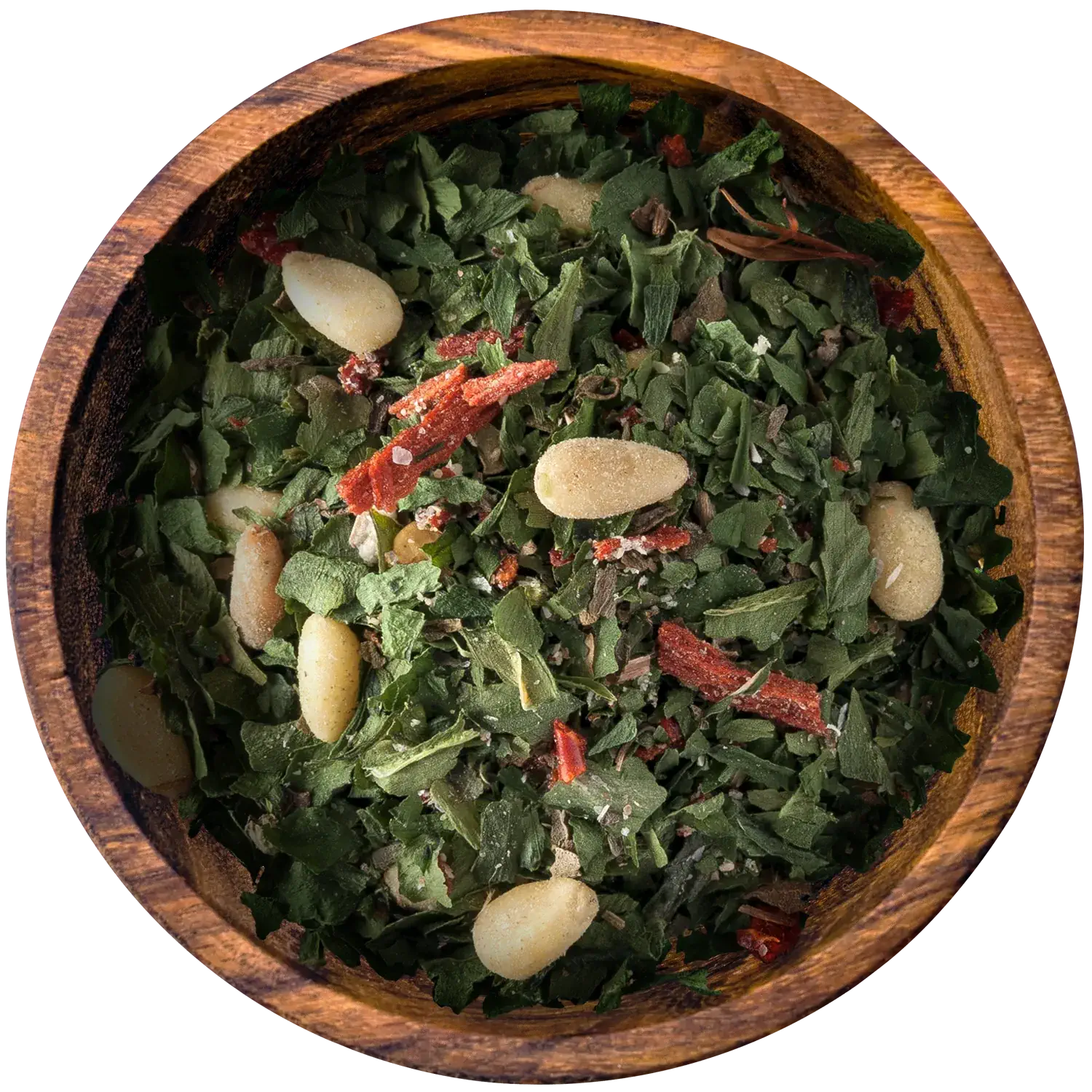 Bärlauchpesto-Gewürzmischung in einer Holzschale