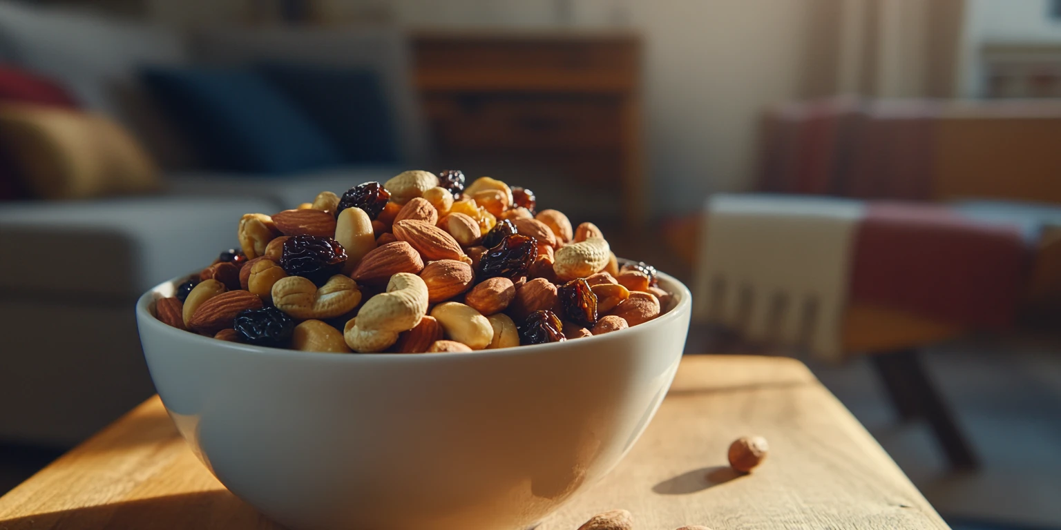 Nuss-Frucht-Mischung Studentenfutter in einer Schale im Wohnzimmer