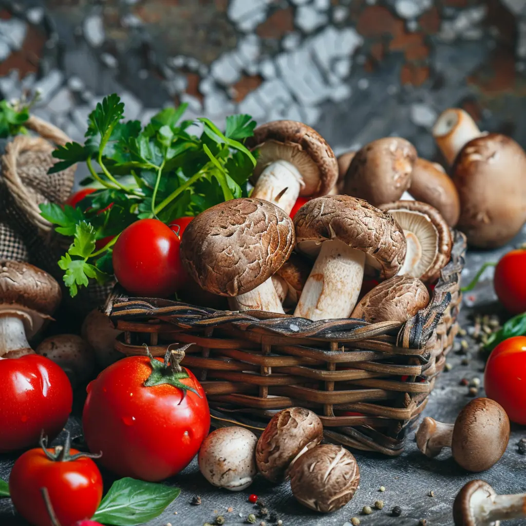 Frisches Gemüse mit Pilzen und Tomaten auf einem Holztisch