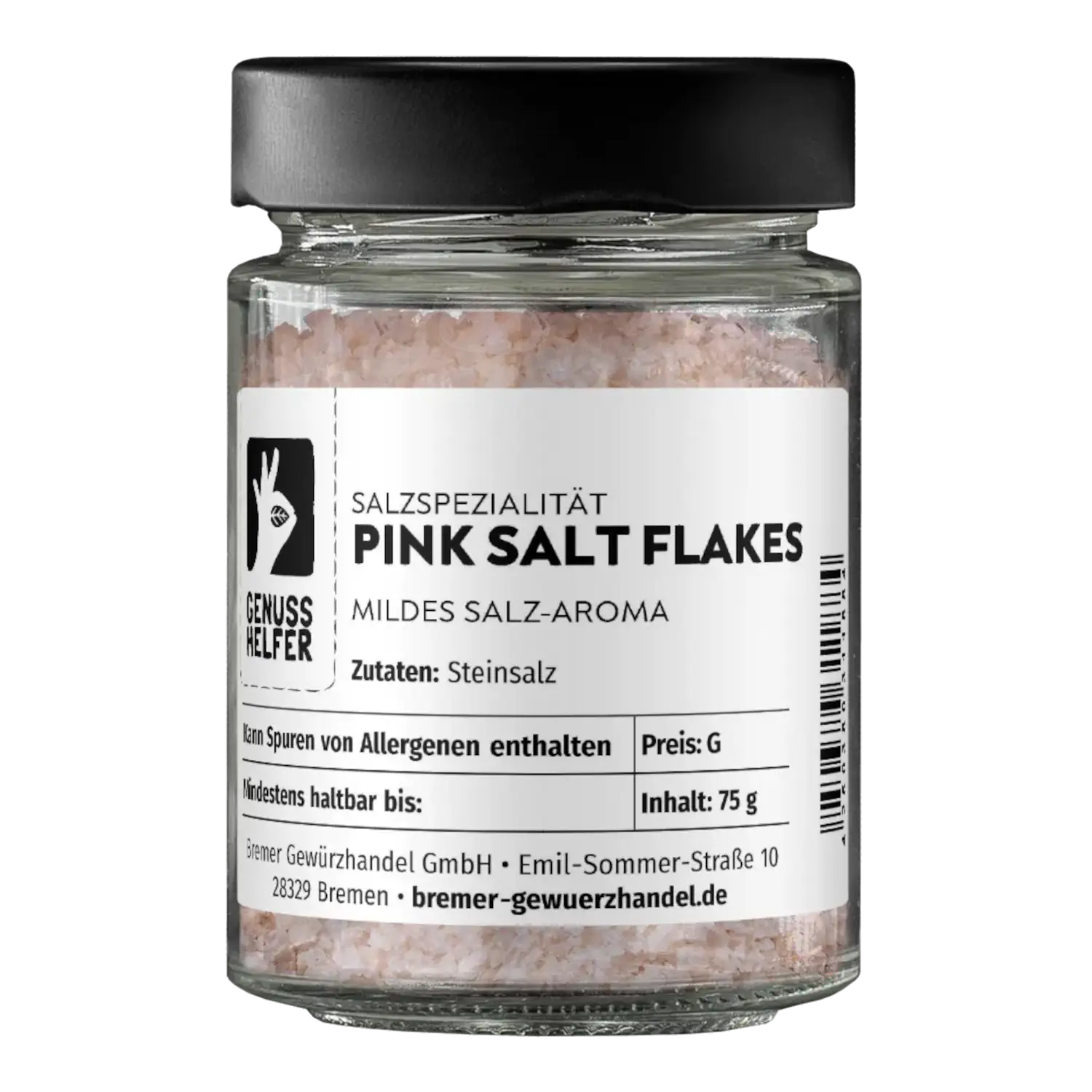 Pink Salt Flakes, im Glas Vorderansicht eines Glases mit rosa Steinsalzflocken „Pink Salt Flakes“