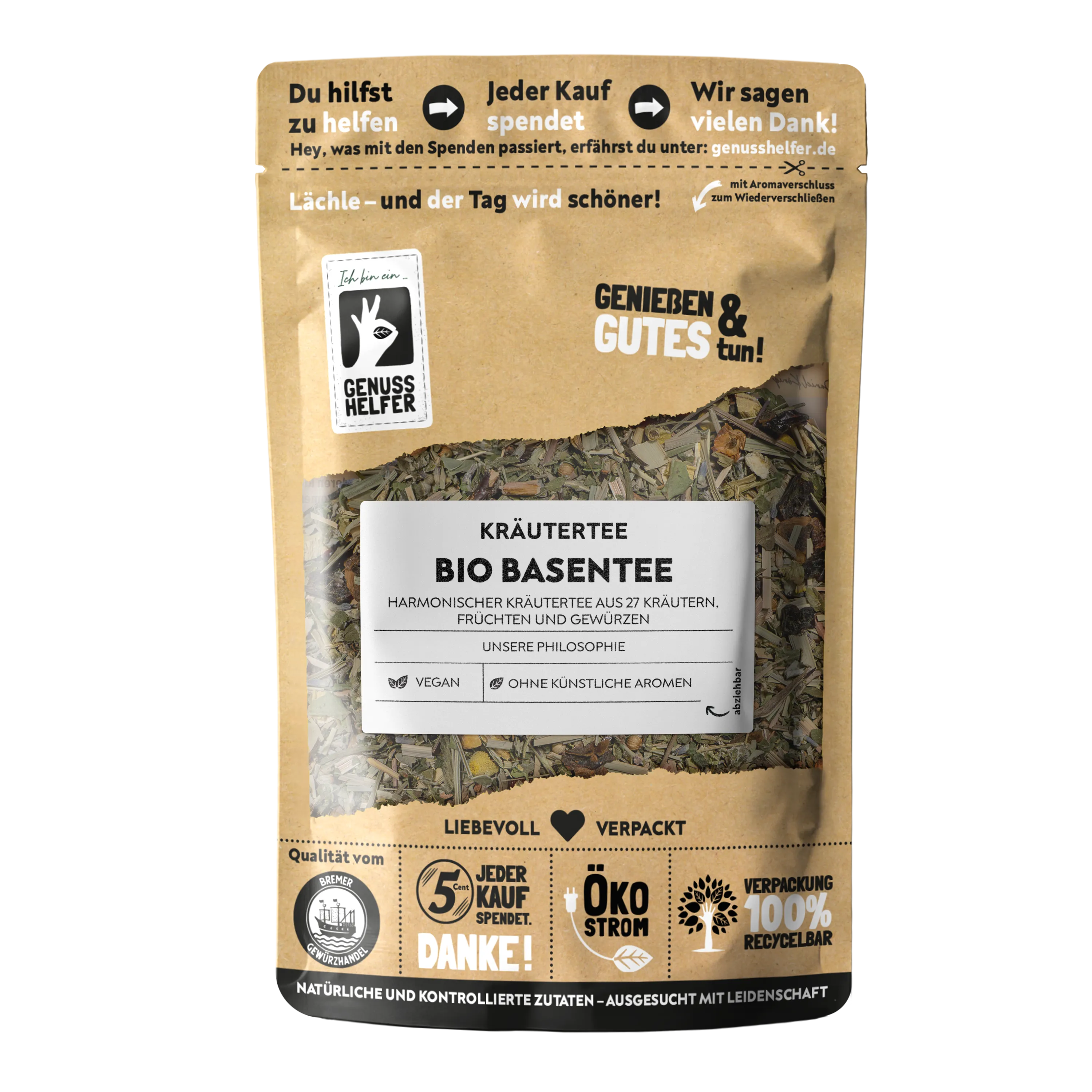 Basentee Kräutermischung, BIO  Vorderansicht einer Packung mit der basischen Bio-Kräuterteemischung