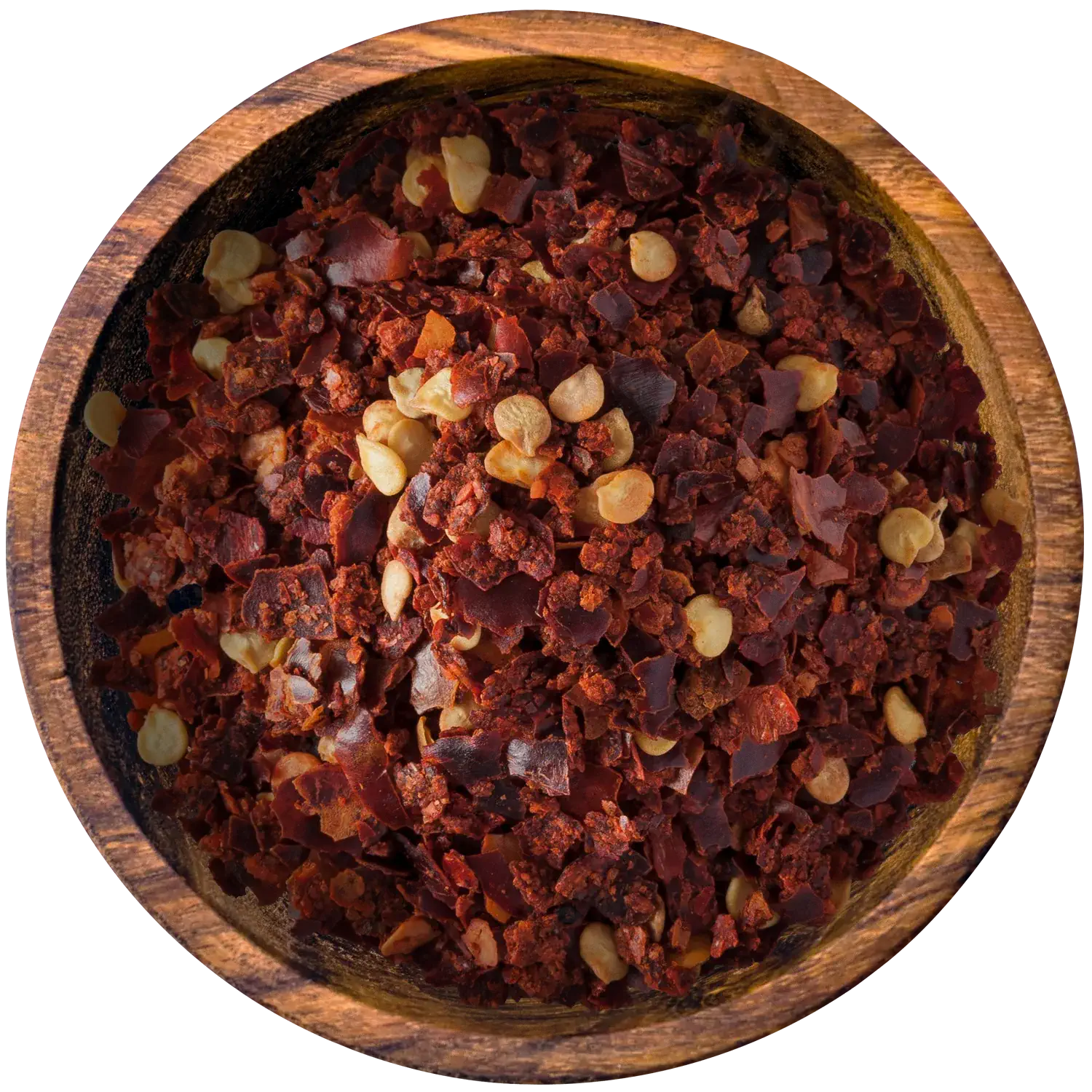 Geschrotete Piri Piri, scharf, in einer Holzschale