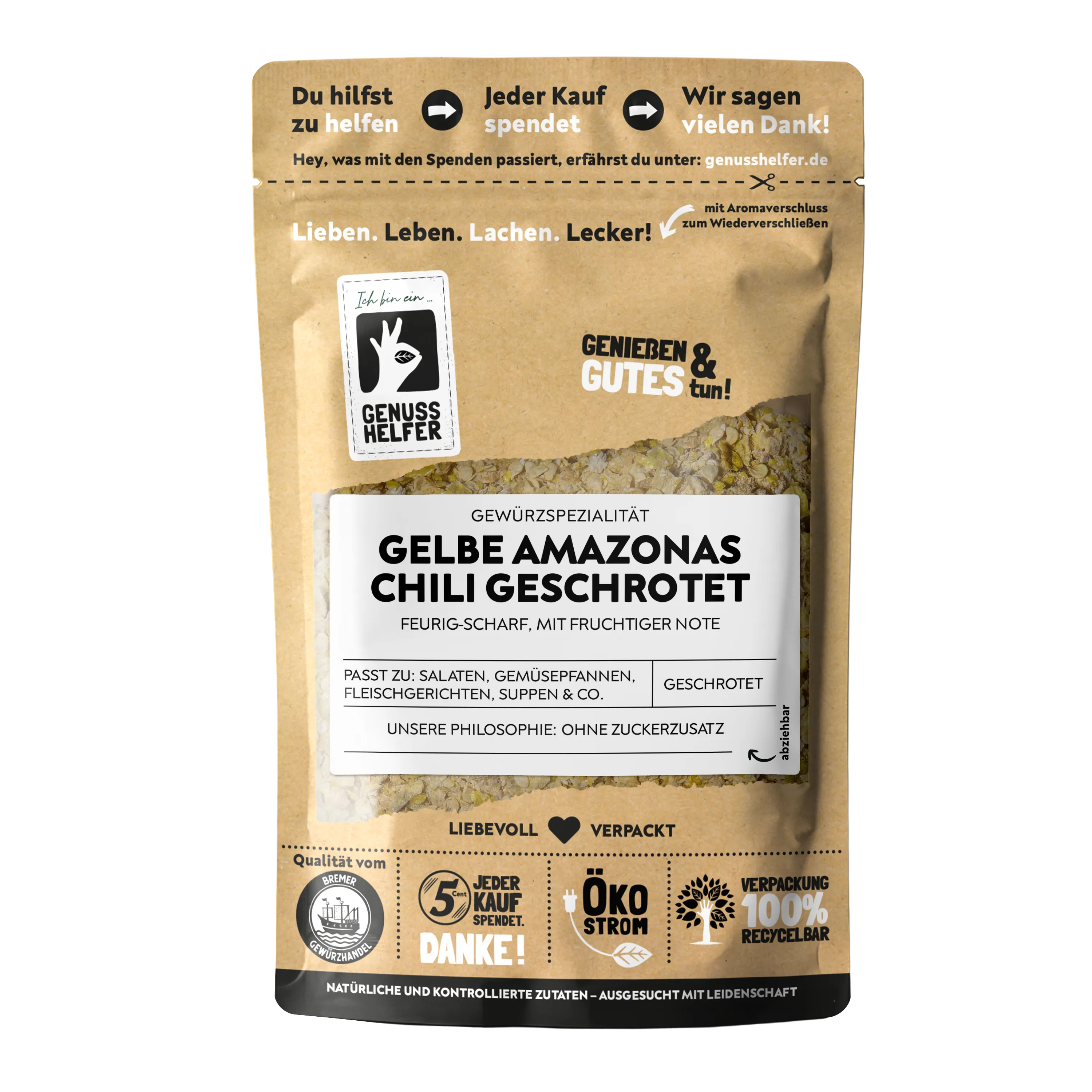 Vorderansicht eines Beutels mit geschrotetem Amazonas-Chili