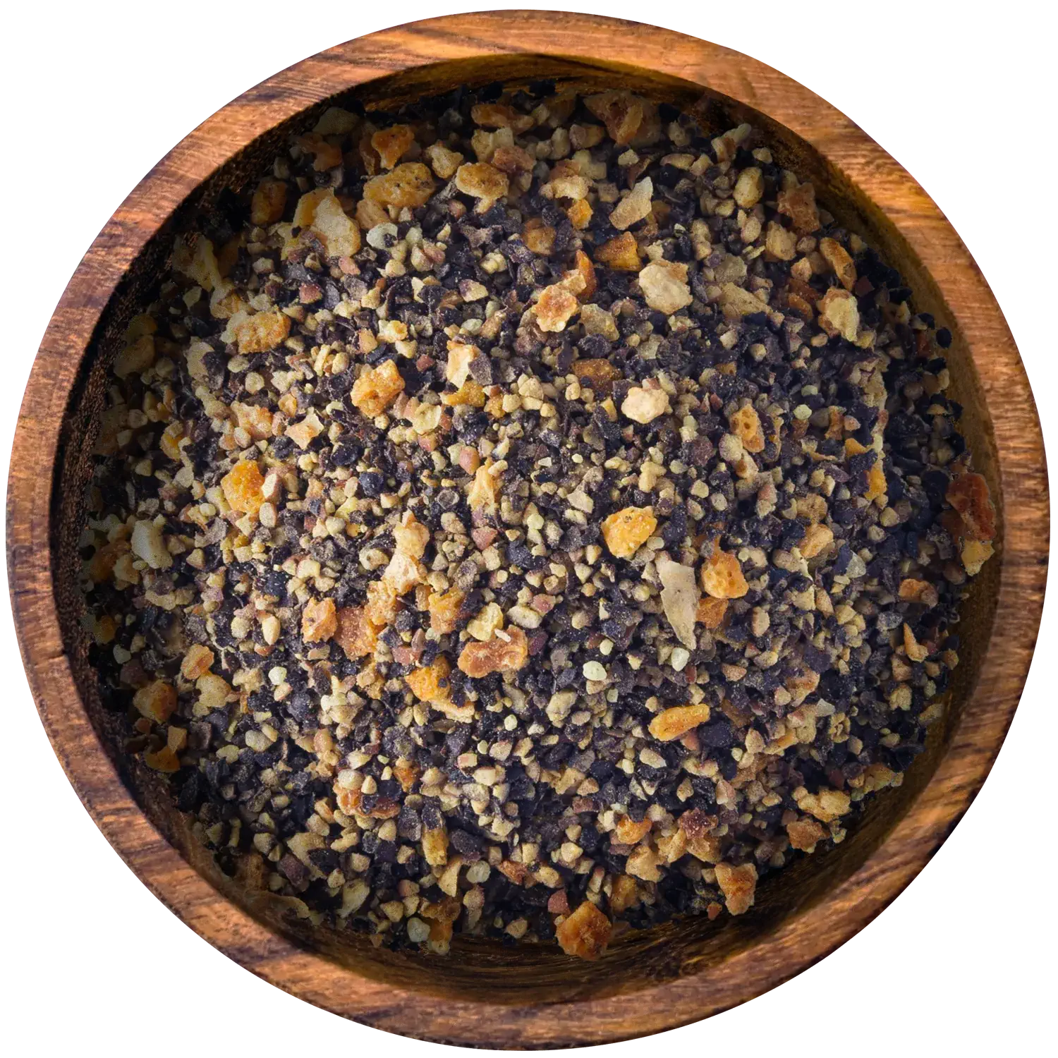 Zitronenpfeffer, geschrotet Vorderansicht eines Beutels mit geschrotetem Zitronenpfeffer