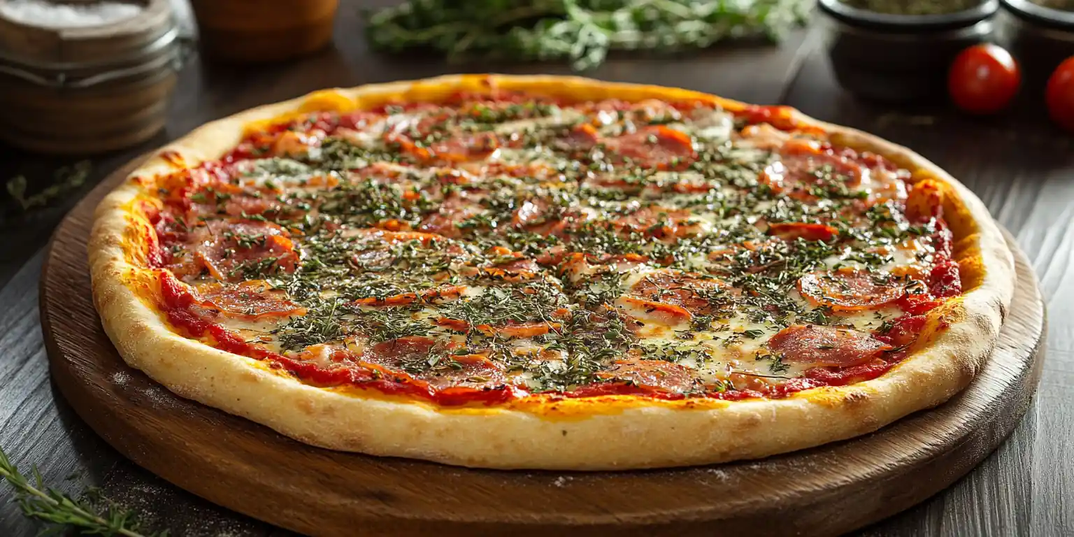 Pizza mit gerebelten Pizzakräutern aromatisch belegt