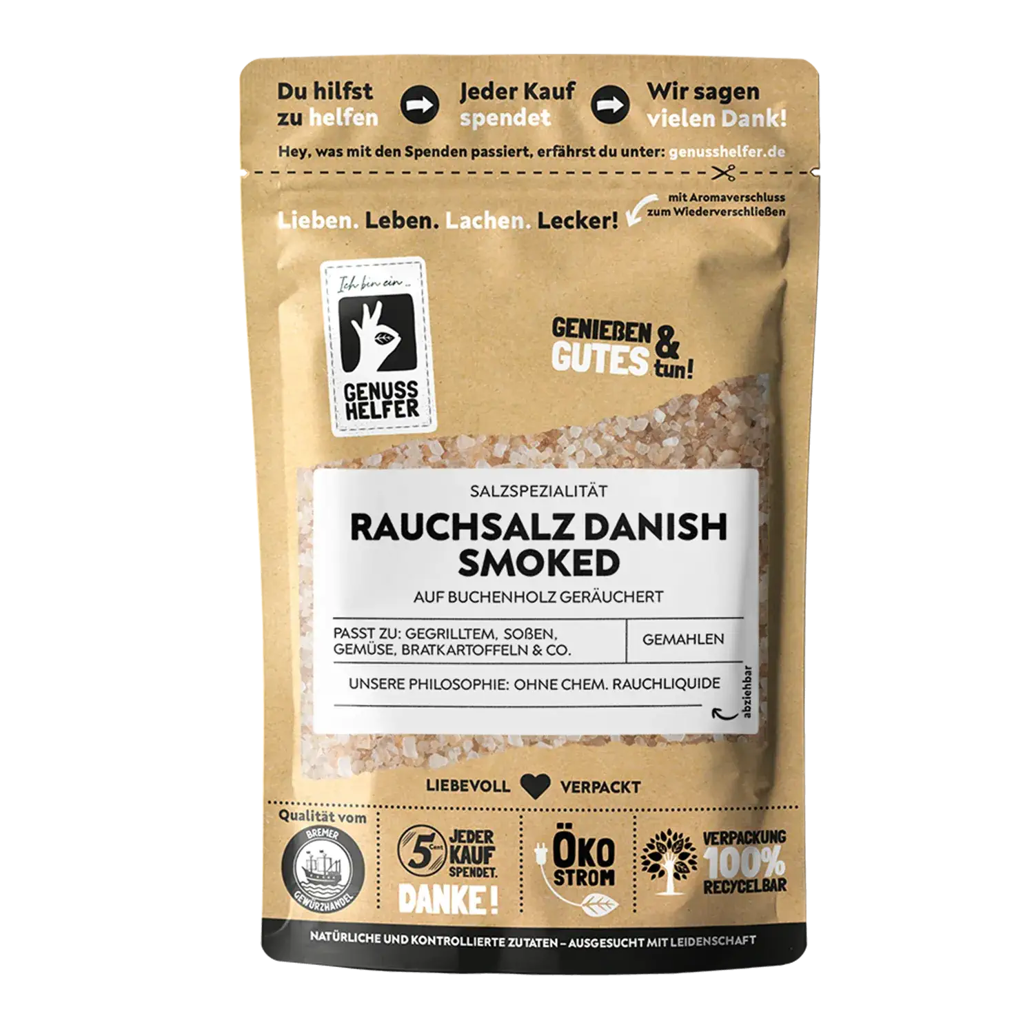 Dänisches Rauchsalz Danish Smoked Vorderansicht eines Beutels mit dänischem Rauchsalz