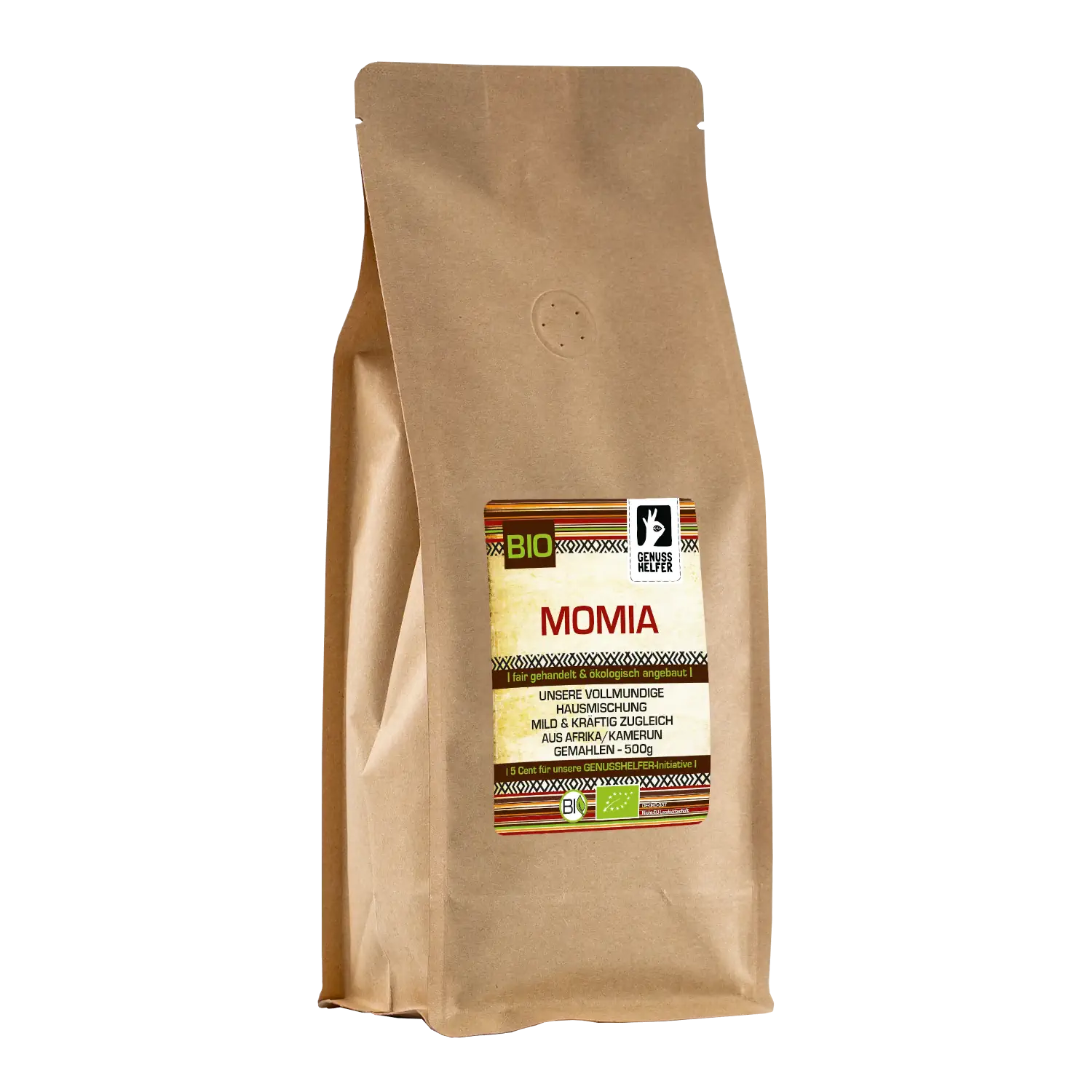 Vorderansicht eines 500-g-Beutels mit gemahlenem Kaffee „Momia“