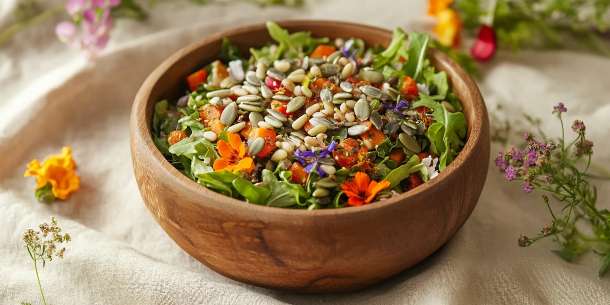 Salattopping mit Samen, Saaten, Kürbiskernen und Pinienkernen