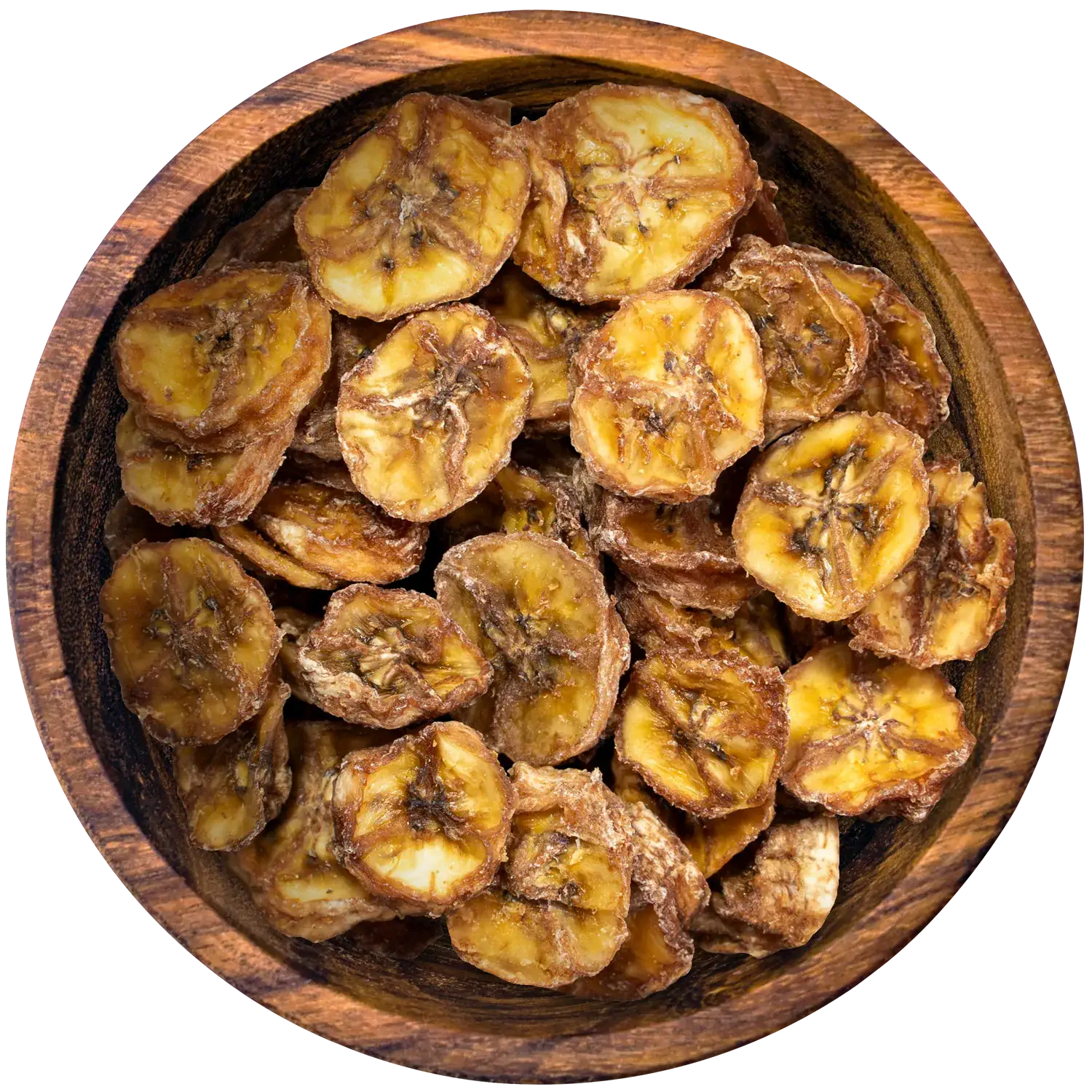 Vorderansicht eines Beutels mit getrockneten Bananenscheiben in Bio-Qualität