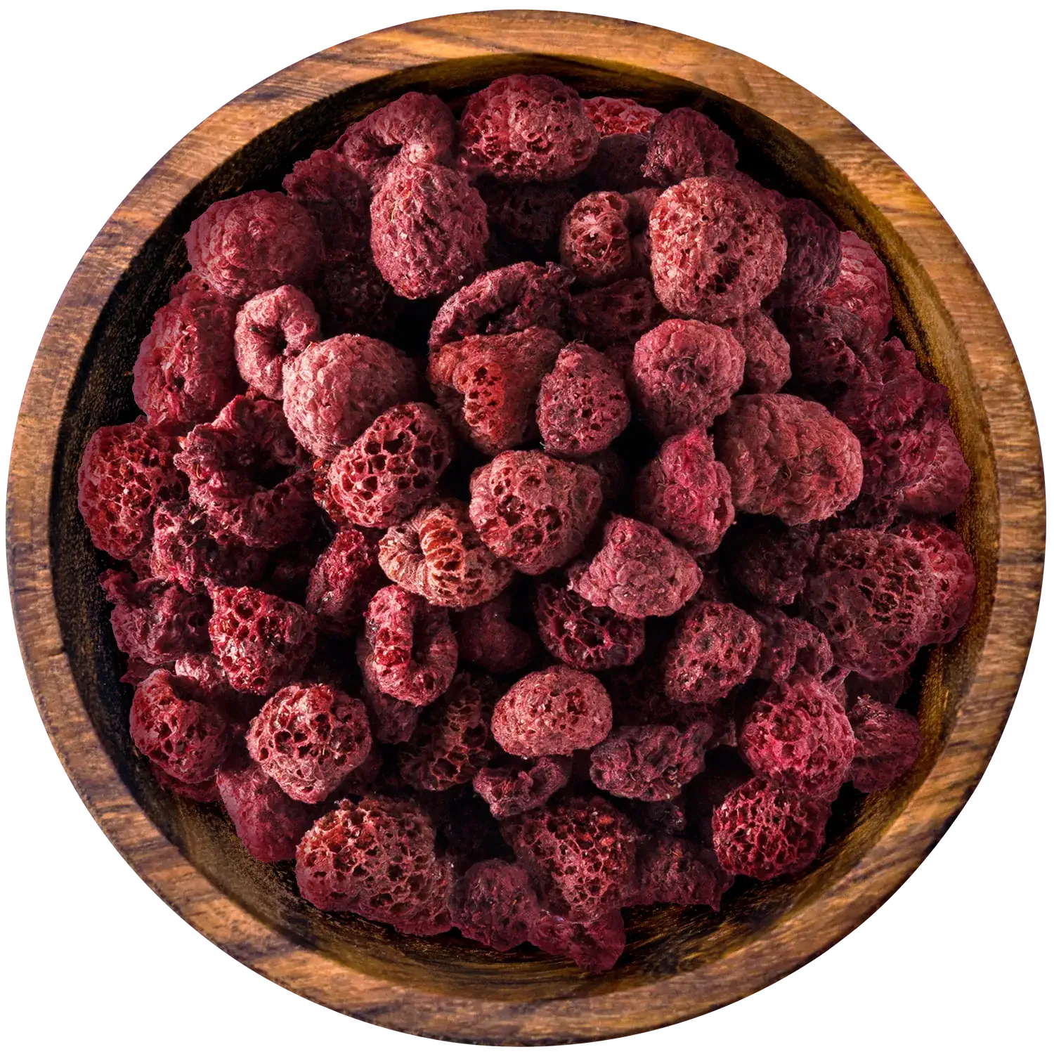 Getrocknete Himbeeren in einer Holzschale