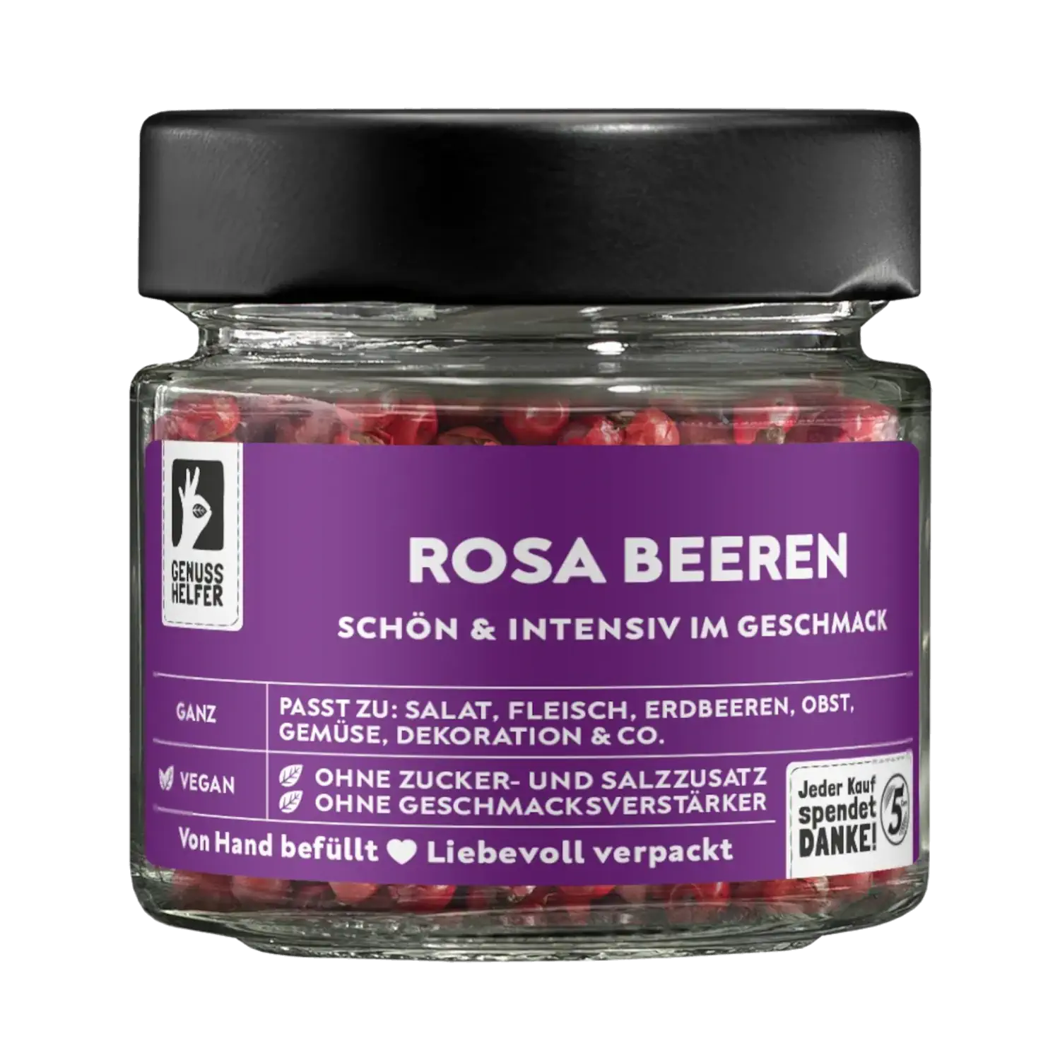 Vorderansicht eines Glases mit rosa Pfefferbeeren (ganz)