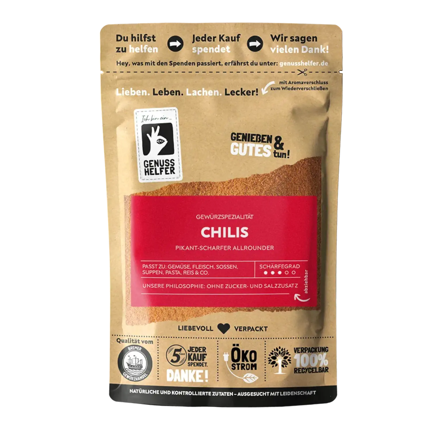 Chilis, gemahlen Vorderansicht eines Beutels mit gemahlenen Chilis