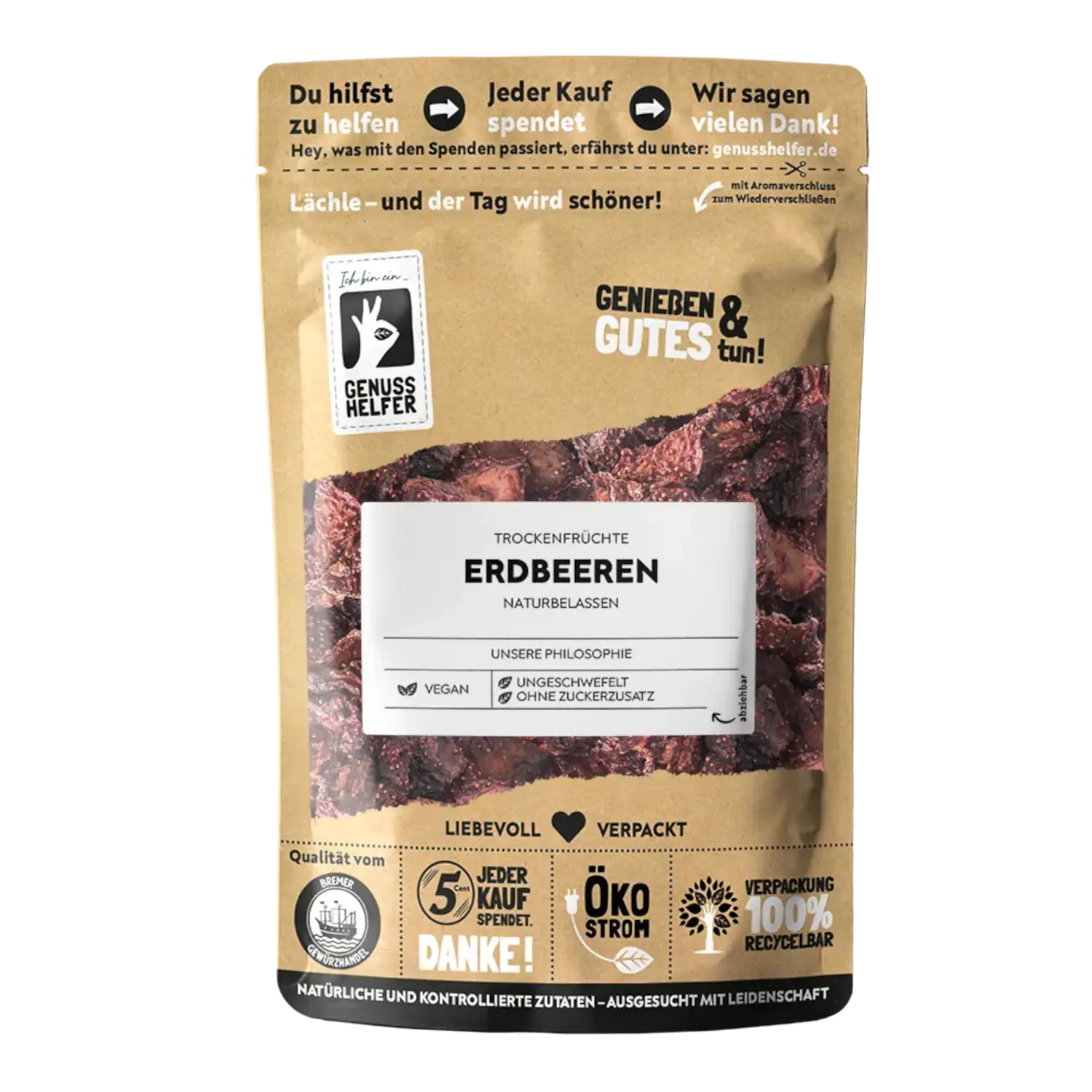 Erdbeeren, getrocknet Vorderansicht eines Beutels mit getrockneten Erdbeeren