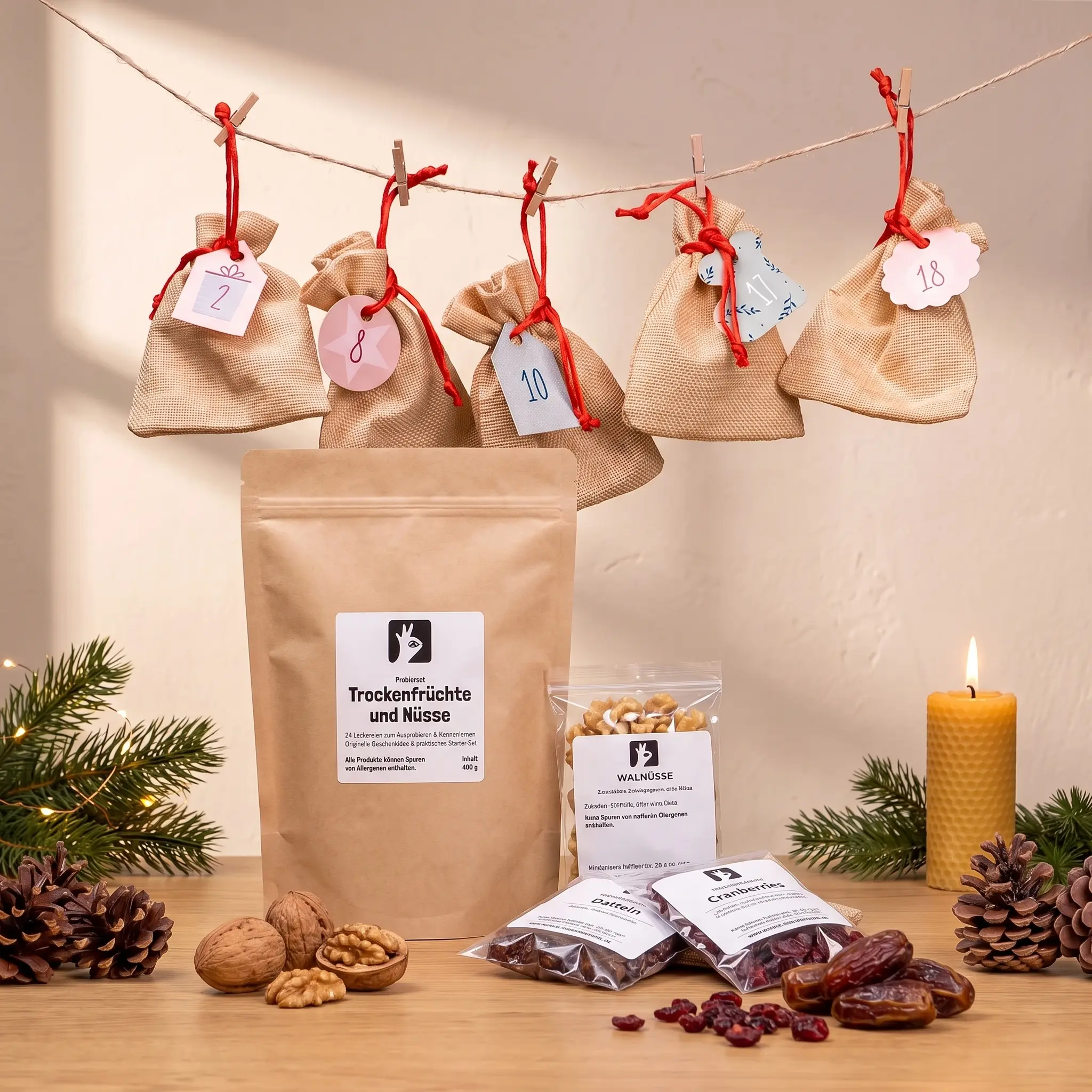 Trockenfrüchte & Snacks Adventskalender-Set mit Beuteln zum Selberbasteln - Stoffbeutel Natur