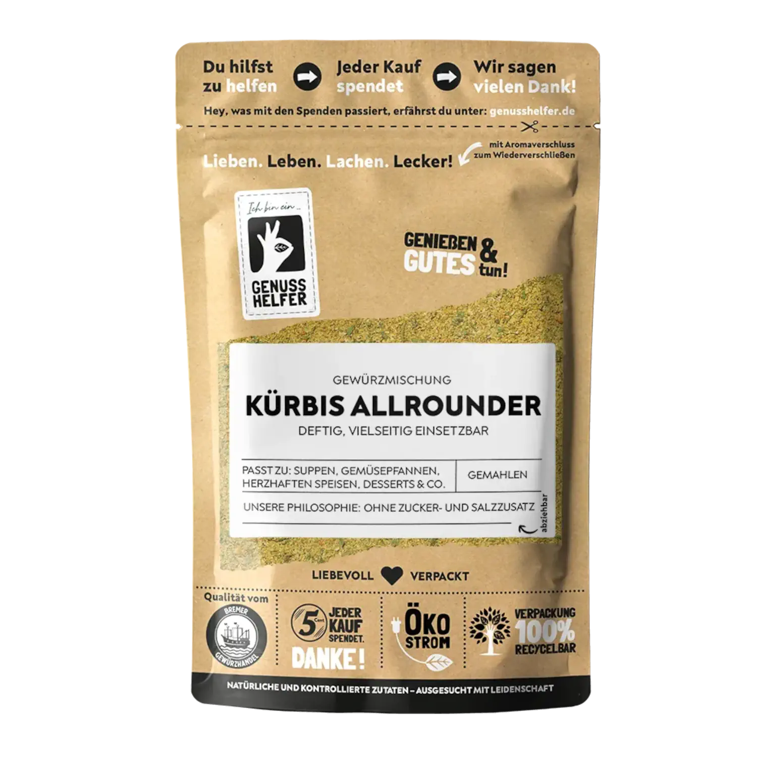 Kürbis Allrounder Vorderansicht eines Beutels mit gemahlenem Kürbis-Allrounder