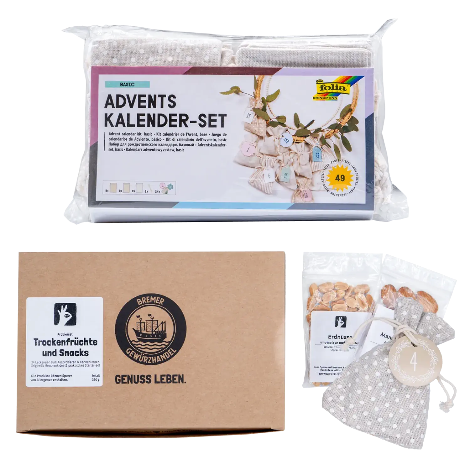 Trockenfrüchte & Snacks Adventskalender-Set mit Beuteln zum Selberbasteln - Stoffbeutel Pastell Adventskalender-Set „Pastel“ mit Trockenfrüchten und Snacks