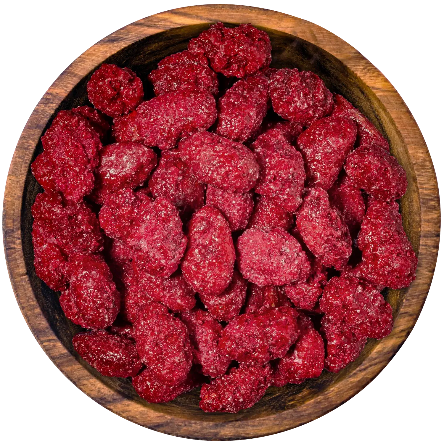 Gebrannte Mandelkerne mit Himbeeraroma in einer Holzschale