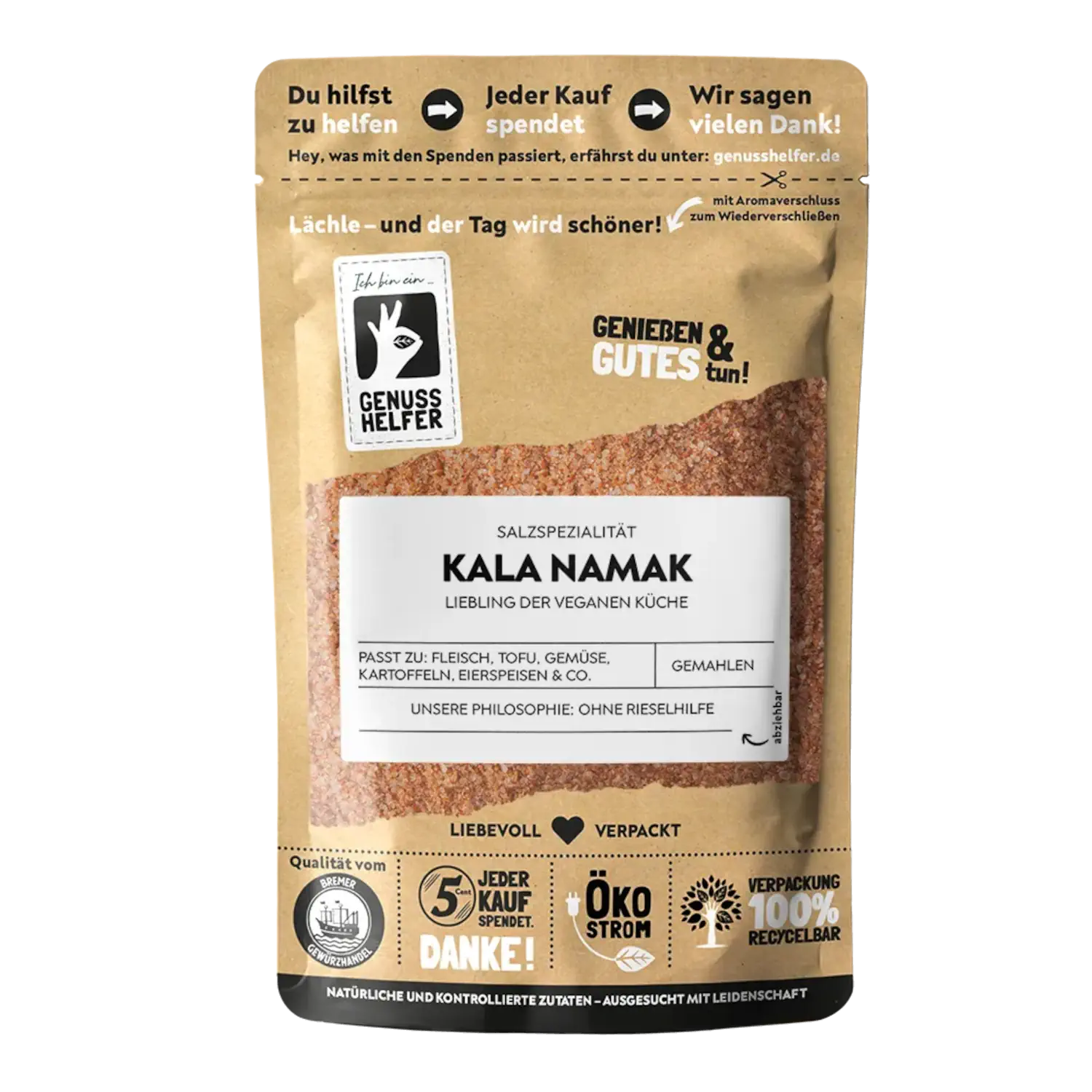 Kala Namak Salz, gemahlen Vorderansicht eines Beutels mit gemahlenem Kala Namak Salz