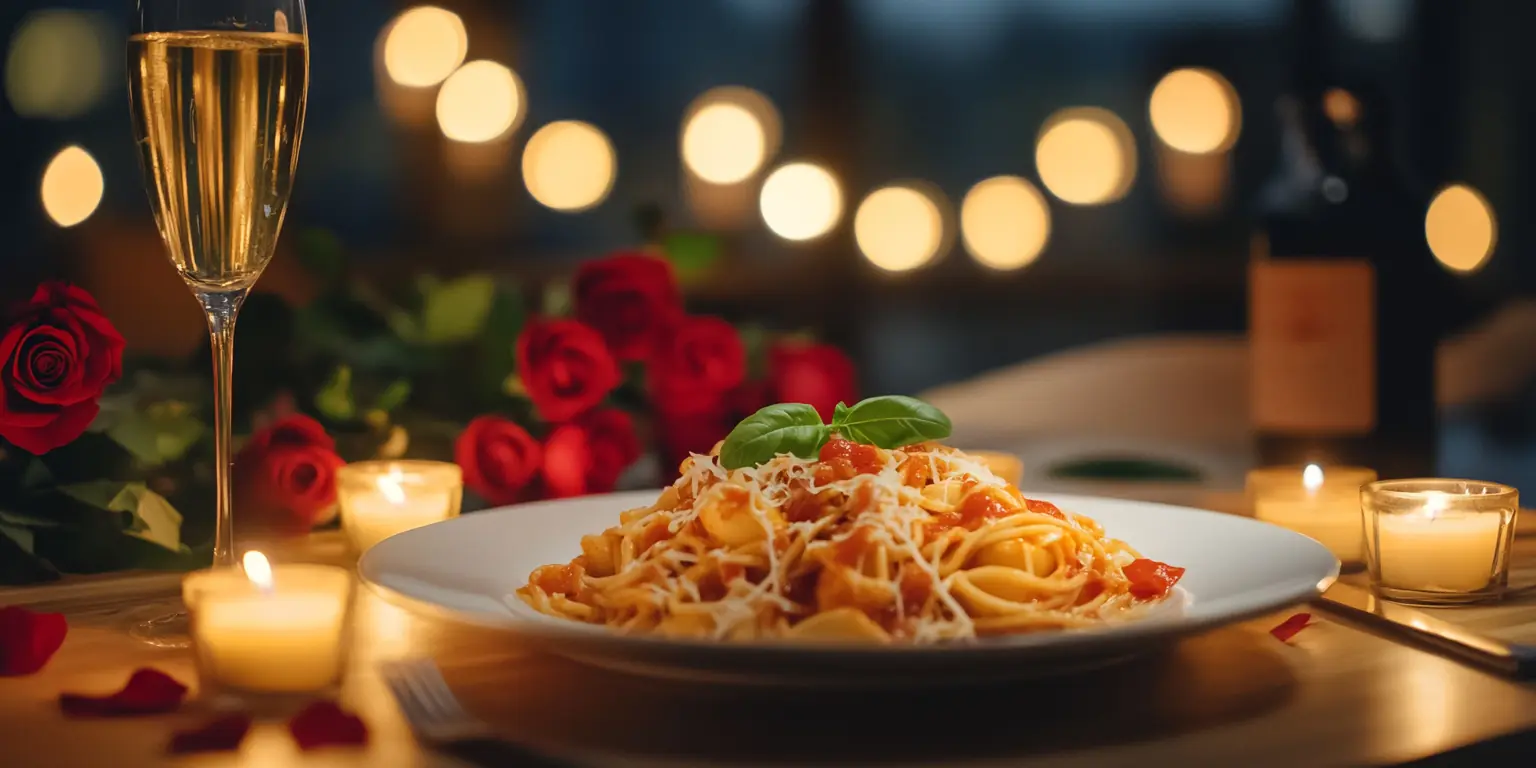 Romantisches Candlelight-Dinner mit Pasta und roten Rosen zum Valentinstag