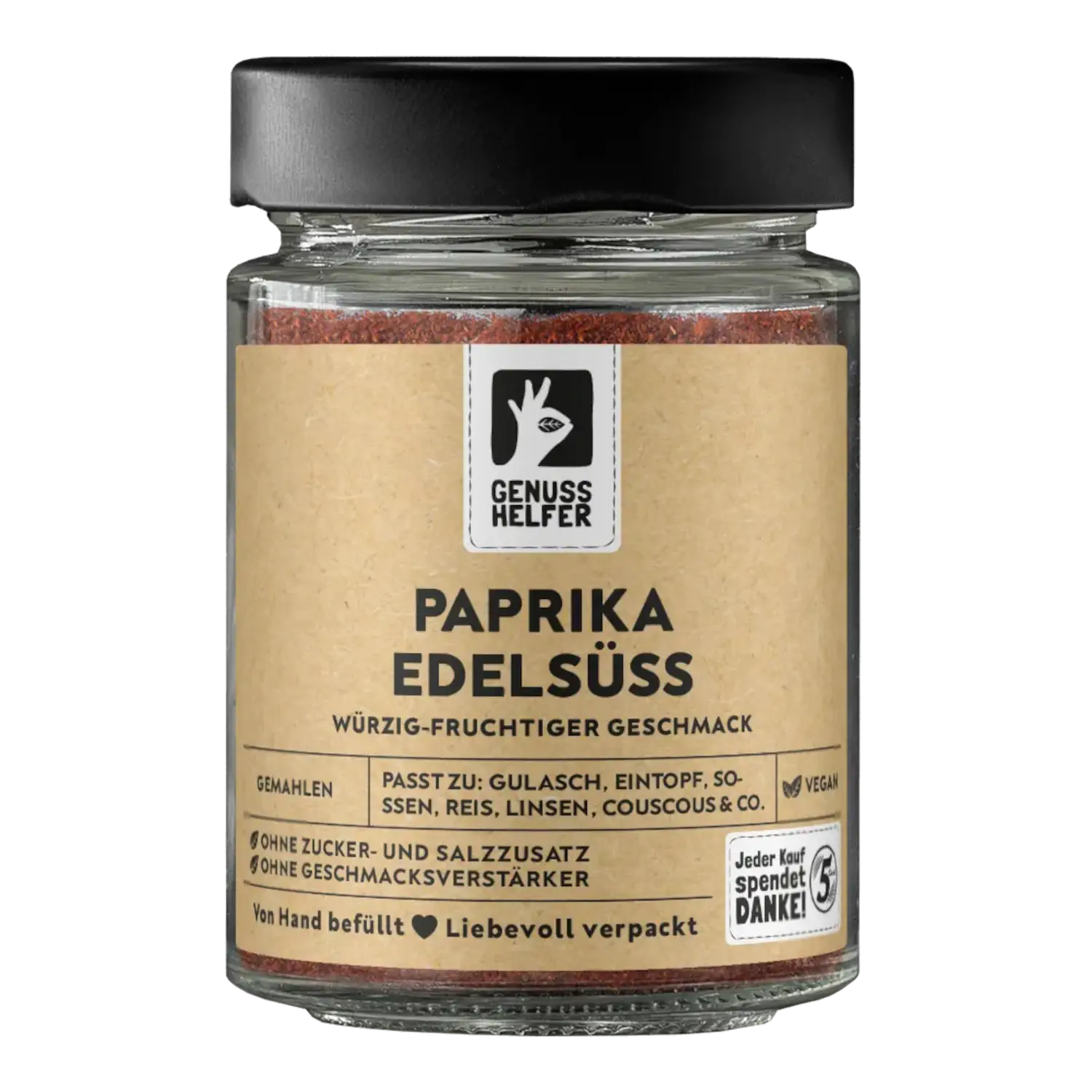 Paprika edelsüß, gemahlen, im Glas Vorderansicht eines Glases mit gemahlener Paprika edelsüß