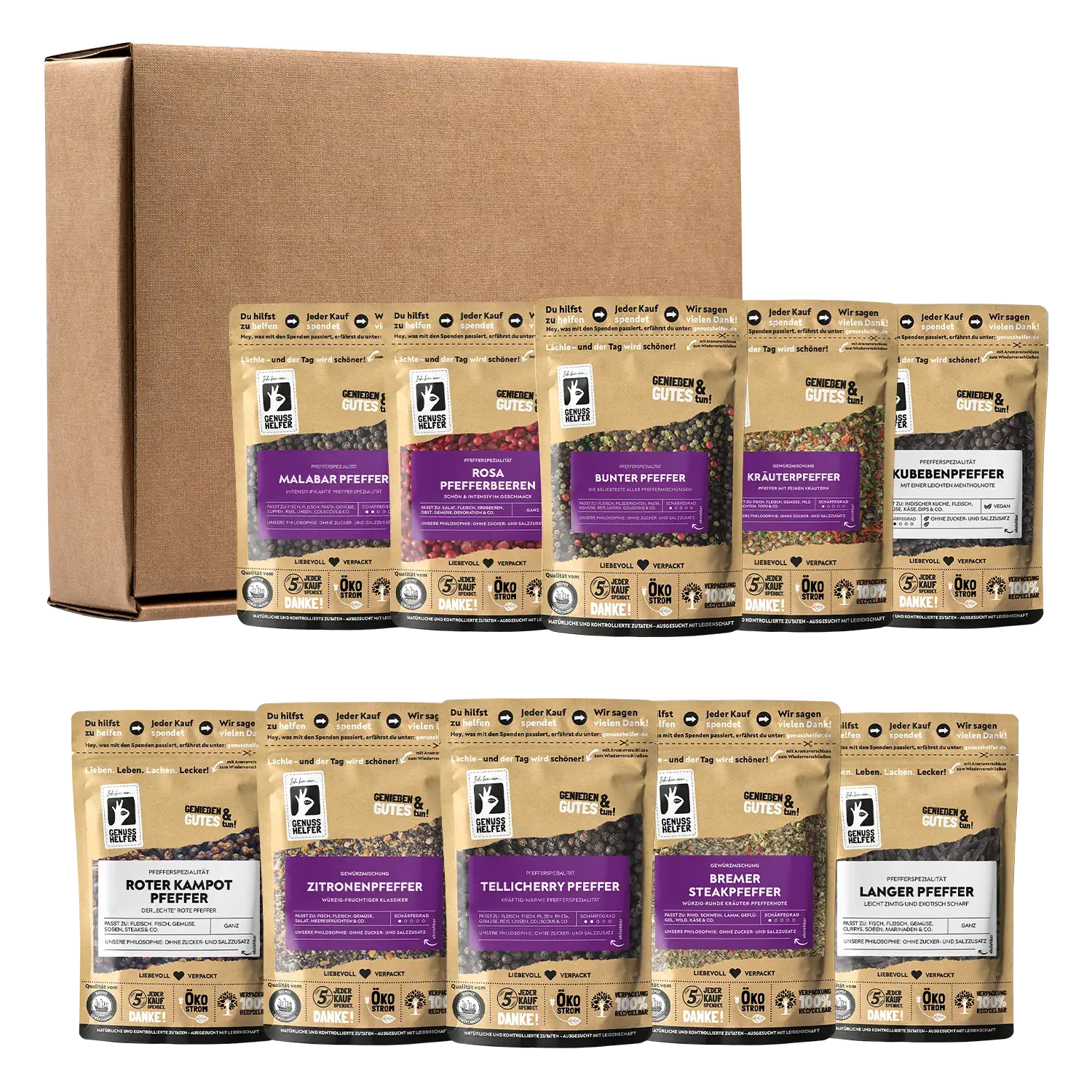 Genuss Box - Wo ganz viel Pfeffer wächst, 10 Tlg. Zusammenstellung der Artikel sowie des Kartons der Genussbox „Wo ganz viel Pfeffer wächst“