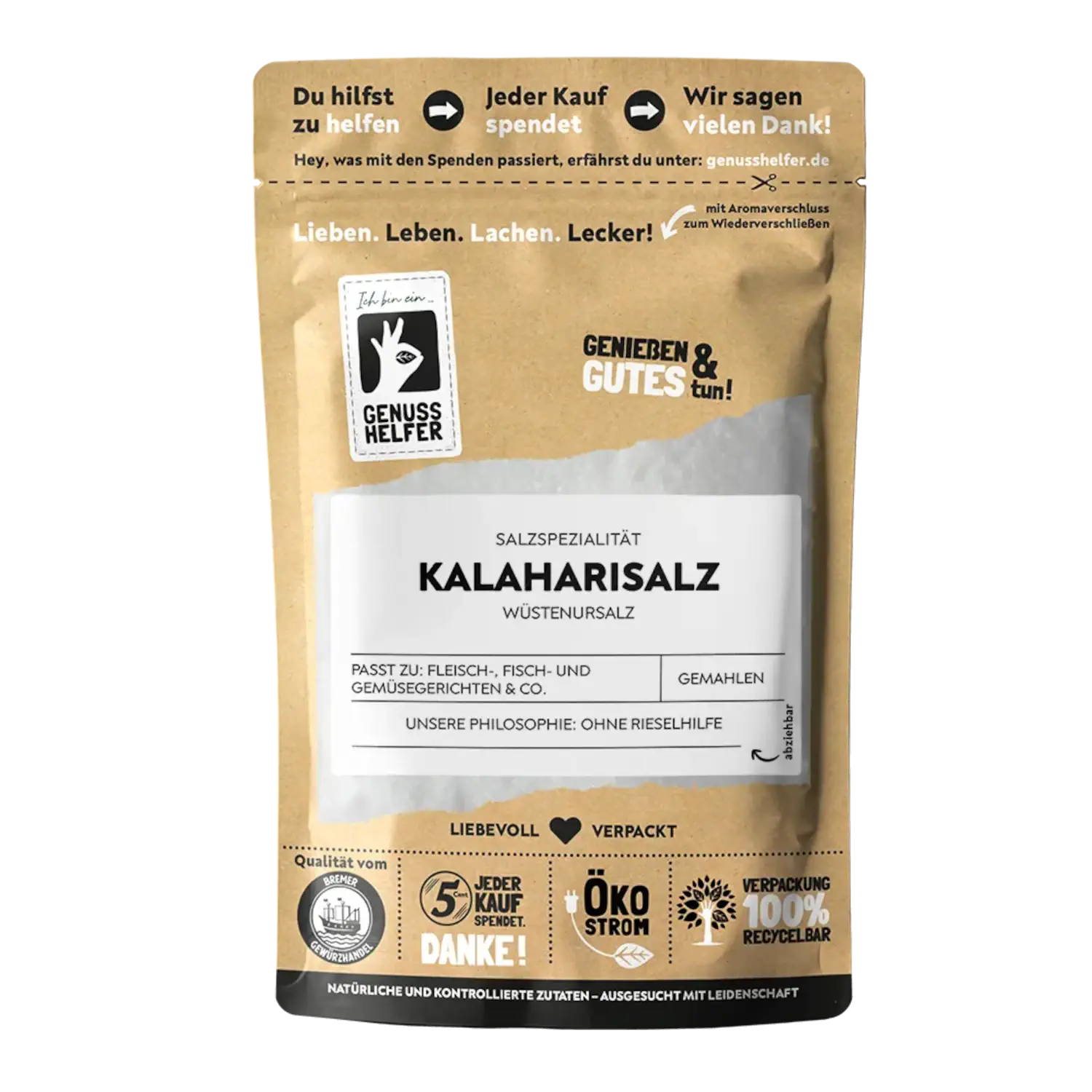 Kalaharisalz aus Afrika Vorderansicht eines Beutels mit Kalaharisalz