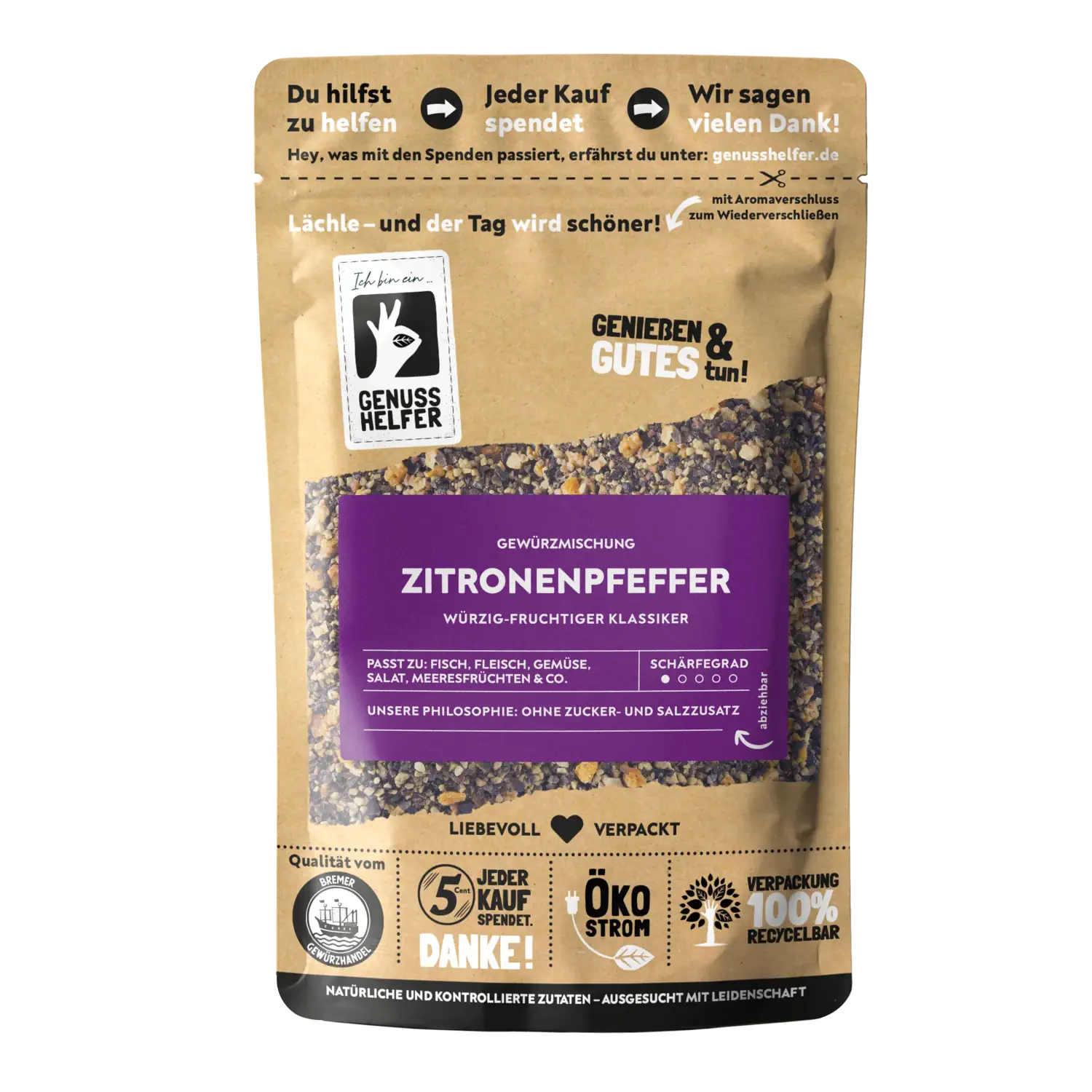 Zitronenpfeffer, geschrotet Vorderansicht eines Beutels mit geschrotetem Zitronenpfeffer