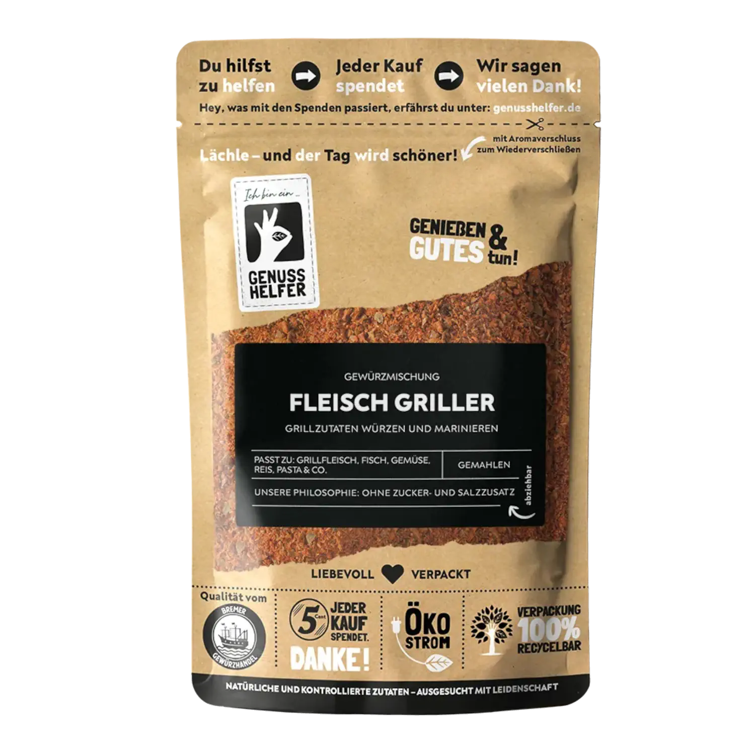 Vorderansicht eines Beutels mit gemahlenem Fleisch-Griller-Gewürz