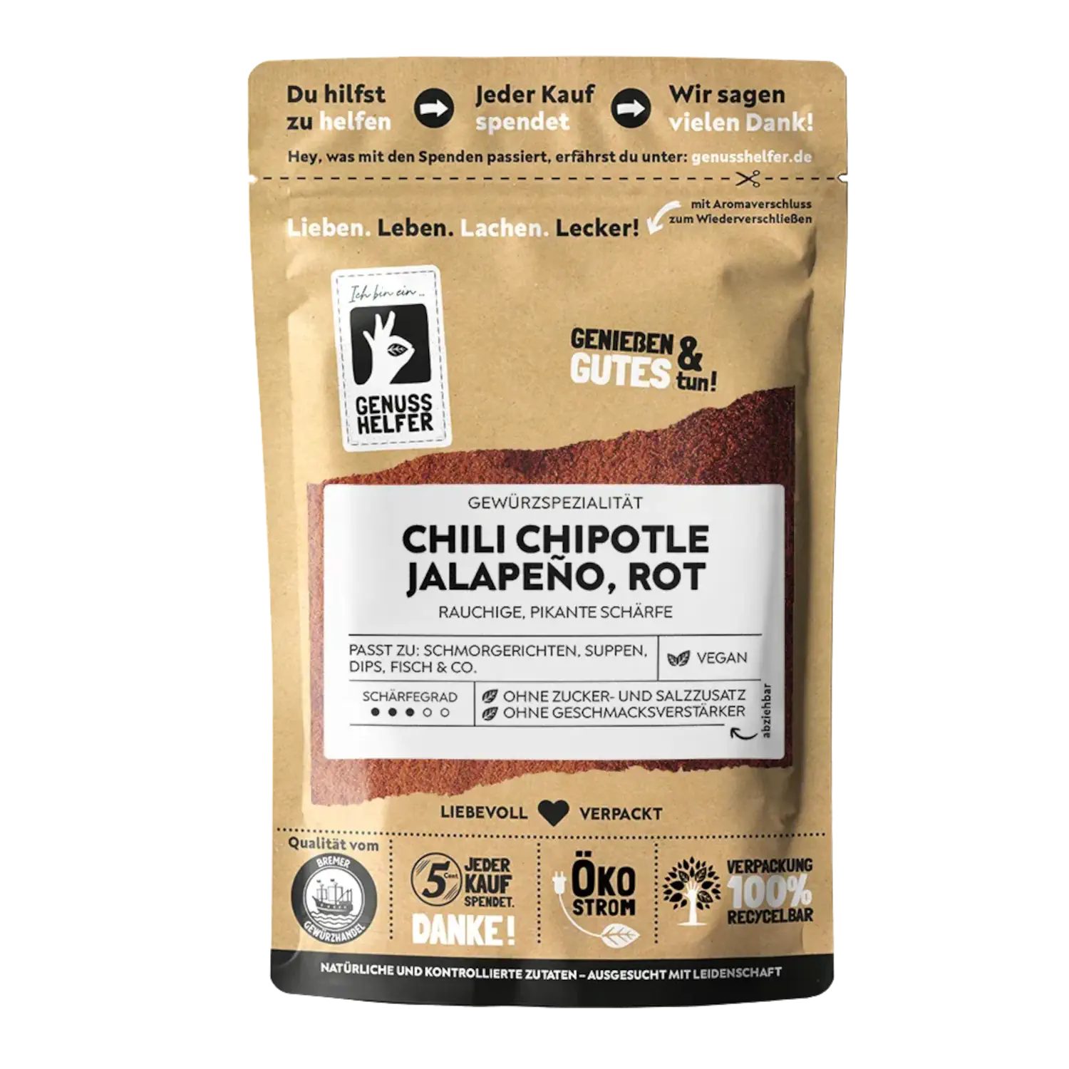 Chili Chipotle Jalapeño rot, gemahlen Vorderansicht eines Beutels mit Chili Chipotle Jalapeño