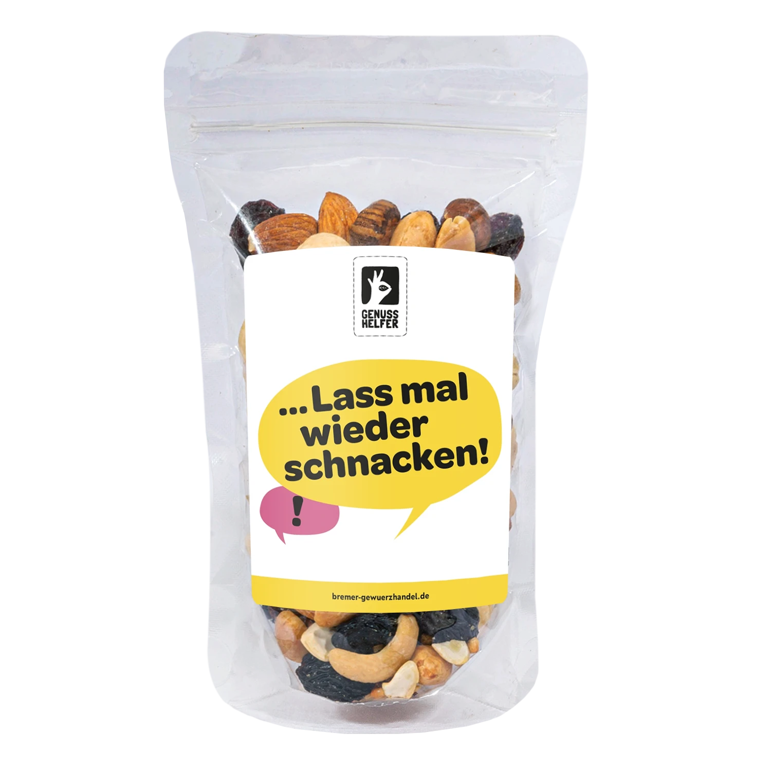Nuss-Frucht-Mischung „Lass mal schnacken“ in einem Glas mit individualisierbarem Etikett