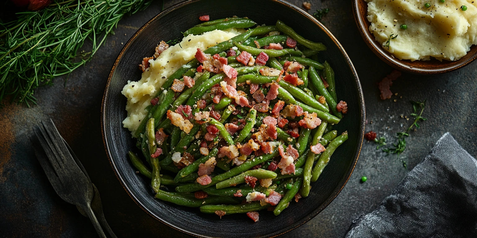 Grüne Bohnen mit Speck, Zwiebeln und Kartoffelpüree mit Bohnenkraut verfeinert