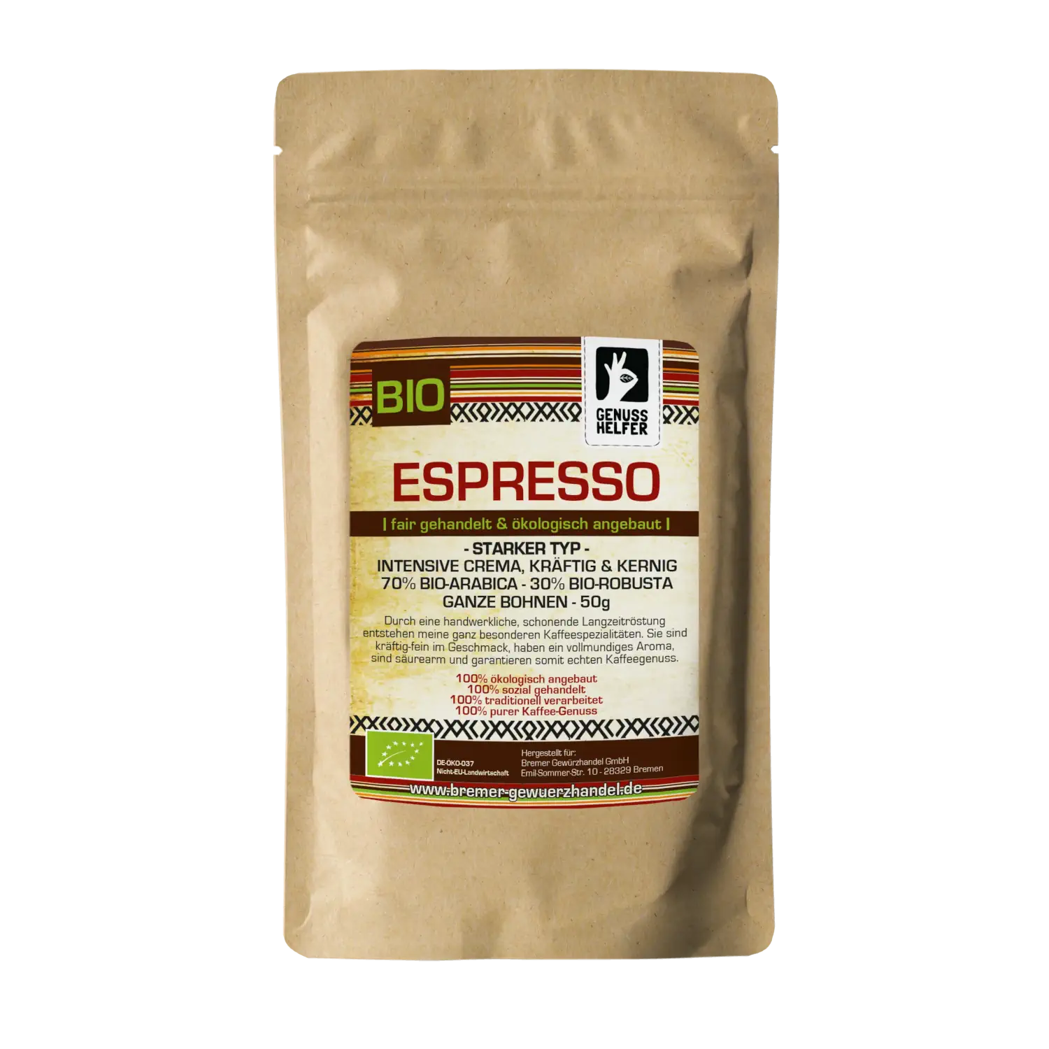 Espresso Crema, starker Typ, BIO, ganz, 50g Vorderansicht eines 50-g-Beutels mit Espresso „Starker Typ“, ganze Bohnen