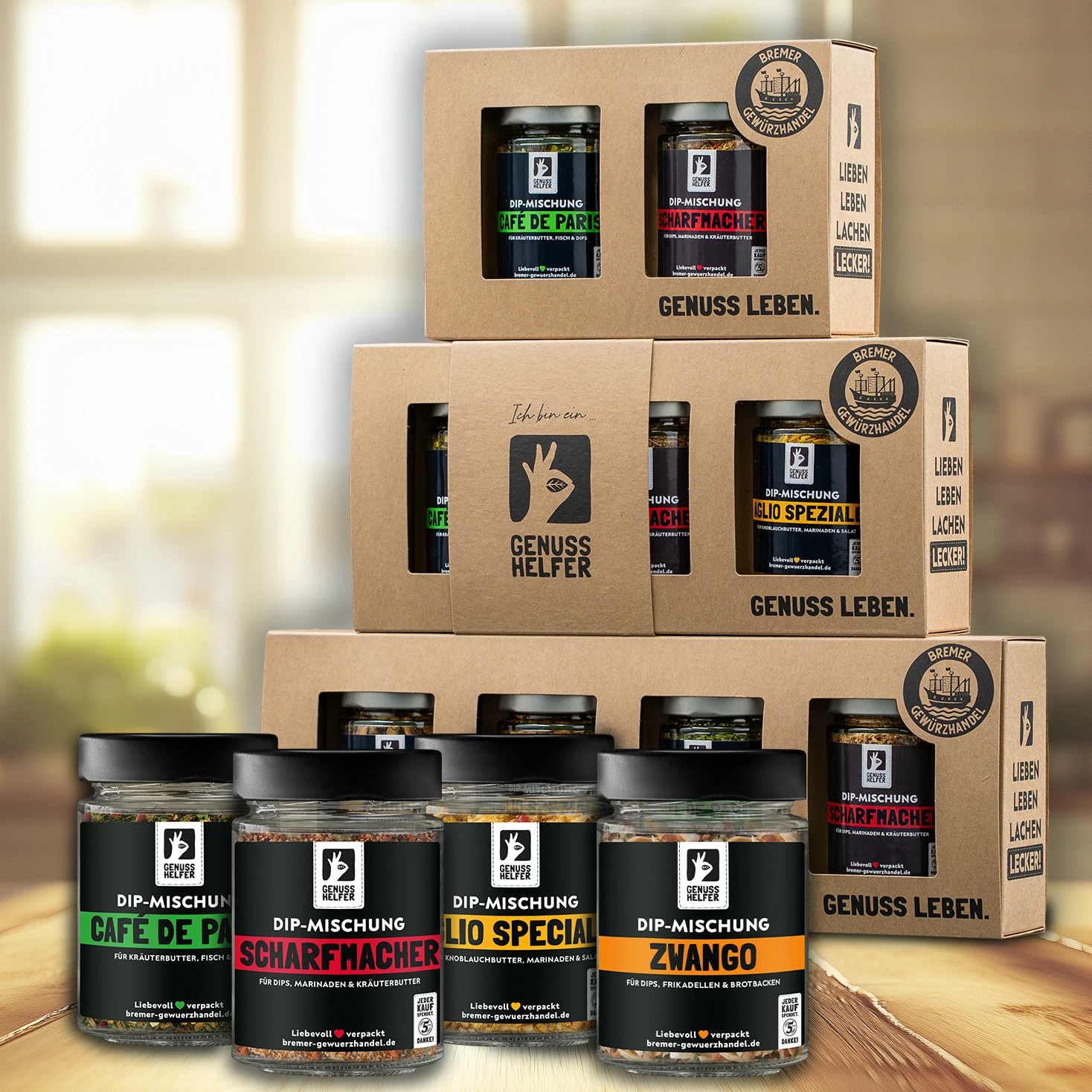 Dip-Set, 4 tlg., natur 4er-Dip-Set in Schiebeschachtel mit Café de Paris, Scharfmacher, Aglio Speciale & Zwango