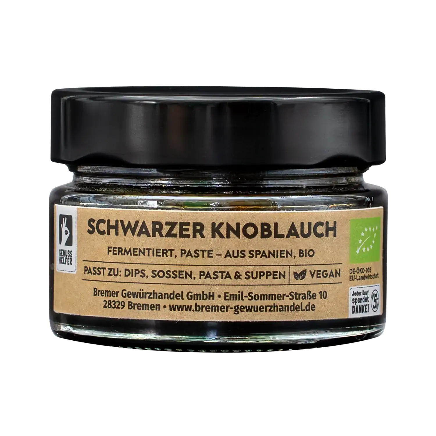 Schwarzer Knoblauch, BIO, fermentiert, als Paste Vorderansicht eines Glases mit fermentierter Bio Schwarzer Knoblauchpaste