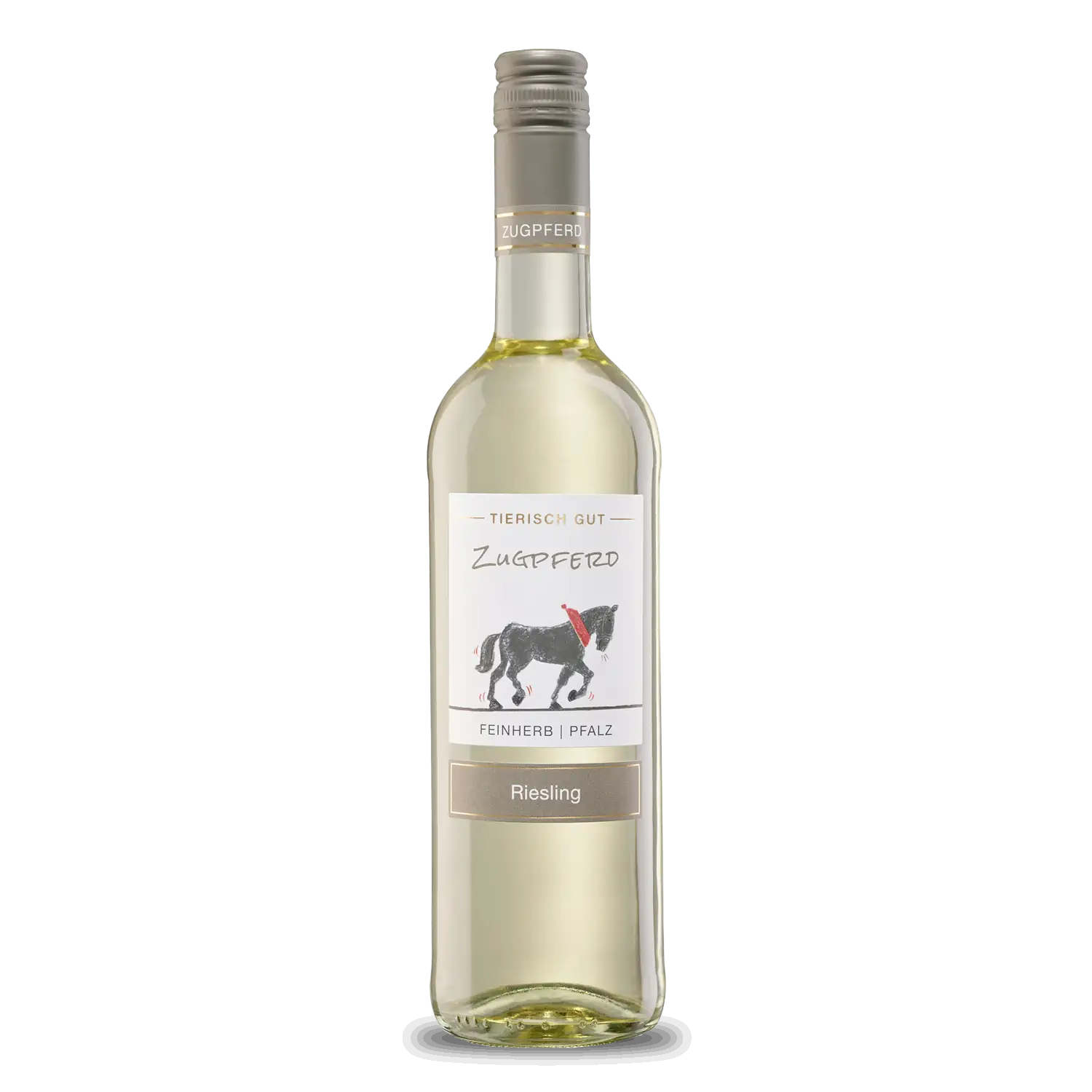 Weißwein Tierisch gut – Zugpferd Feinherber Rieseling-Wein in einer Glasche mit Etikett „Zugpferd“