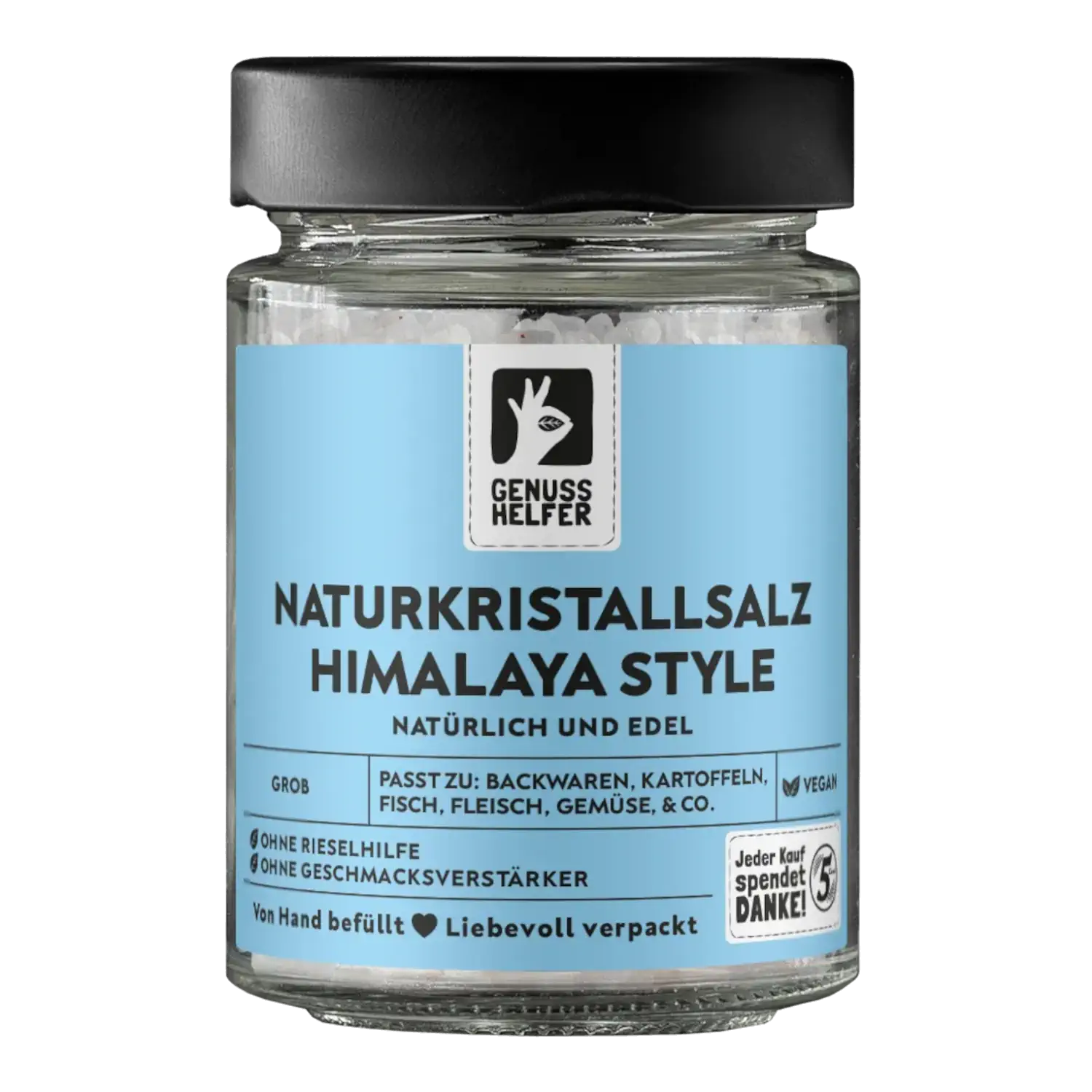 Vorderansicht eines Glases mit grobem Naturkristallsalz im Himalaya-Stil