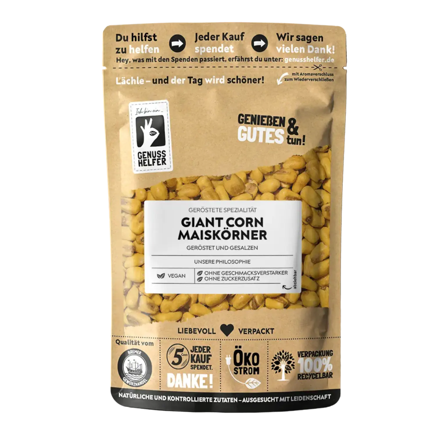 Giant Corn Maiskörner, geröstet & gesalzen Vorderansicht eines Beutels mit geröstetem Giant Corn