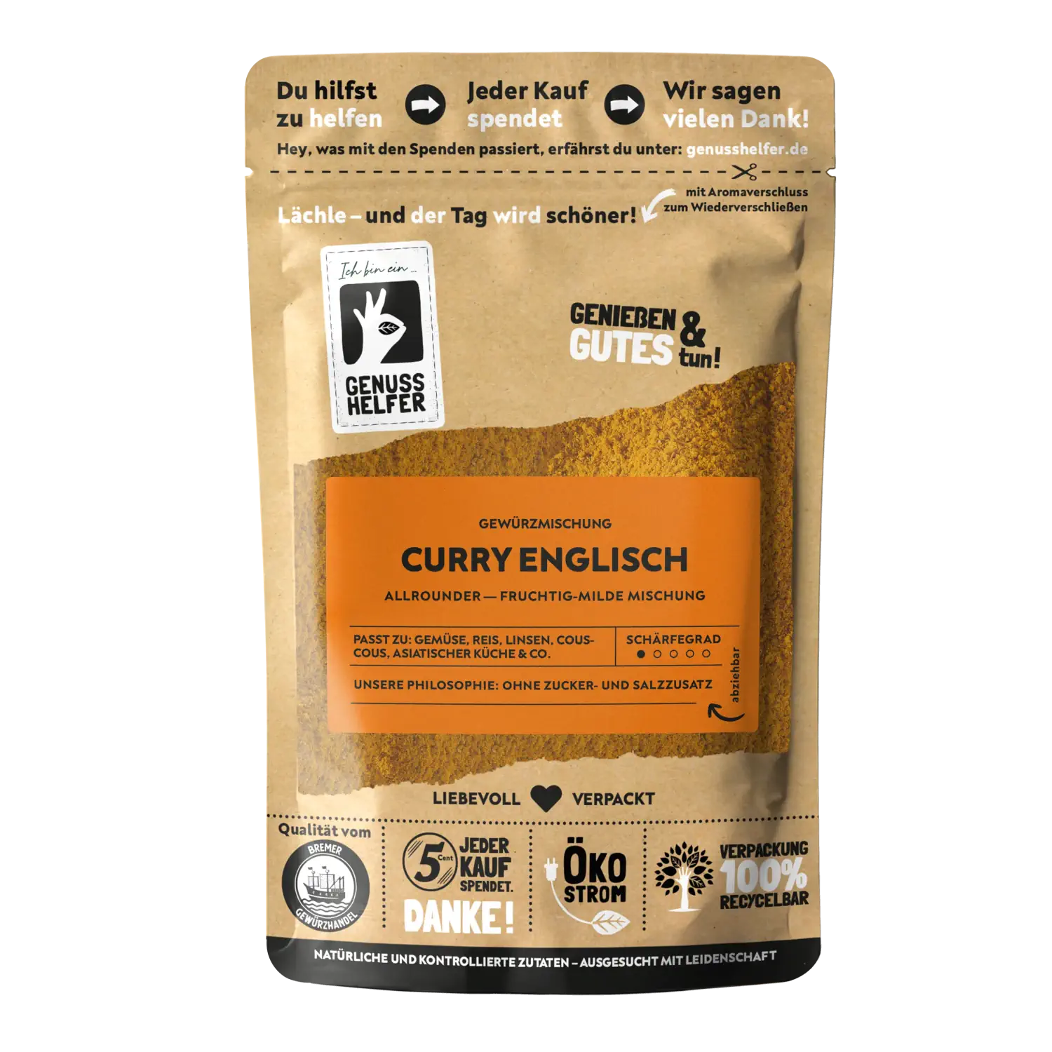 Curry Englisch, gemahlen Vorderansicht eines Beutels mit englischem Currypulver
