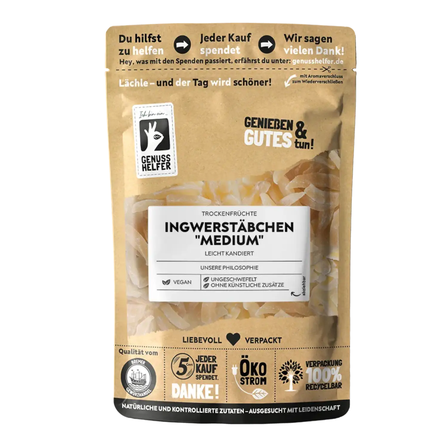 Ingwerstäbchen medium Vorderansicht eines Beutels mit Ingwerstäbchen medium