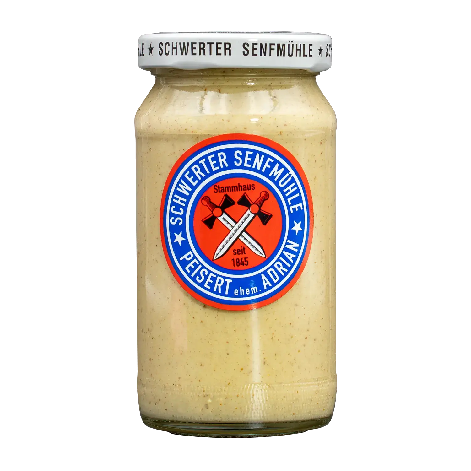 Knoblauch Senf Vorderansicht eines Glases Knoblauch-Senf von der Schwerter Senfmühle