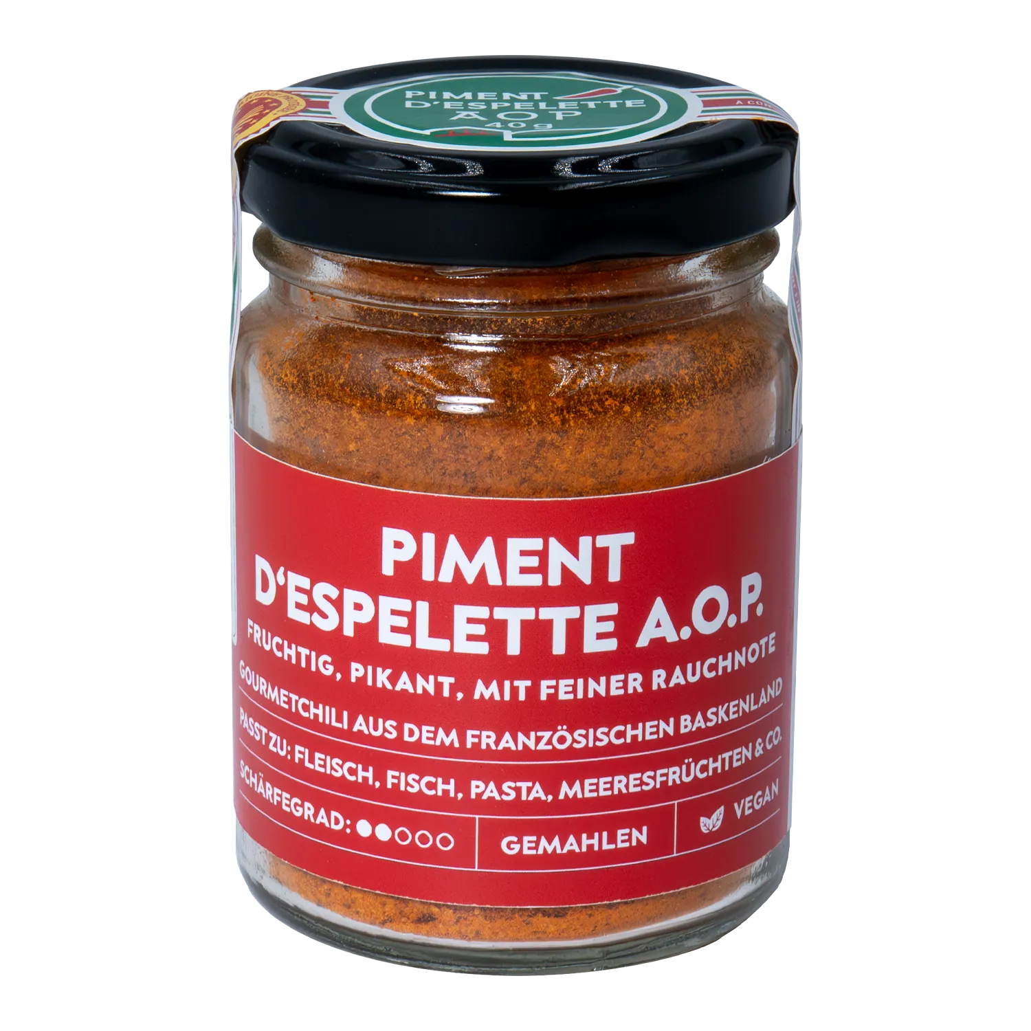 Piment d'Espelette Vorderansicht eines Glases mit gemahlenem Piment d’Espelette