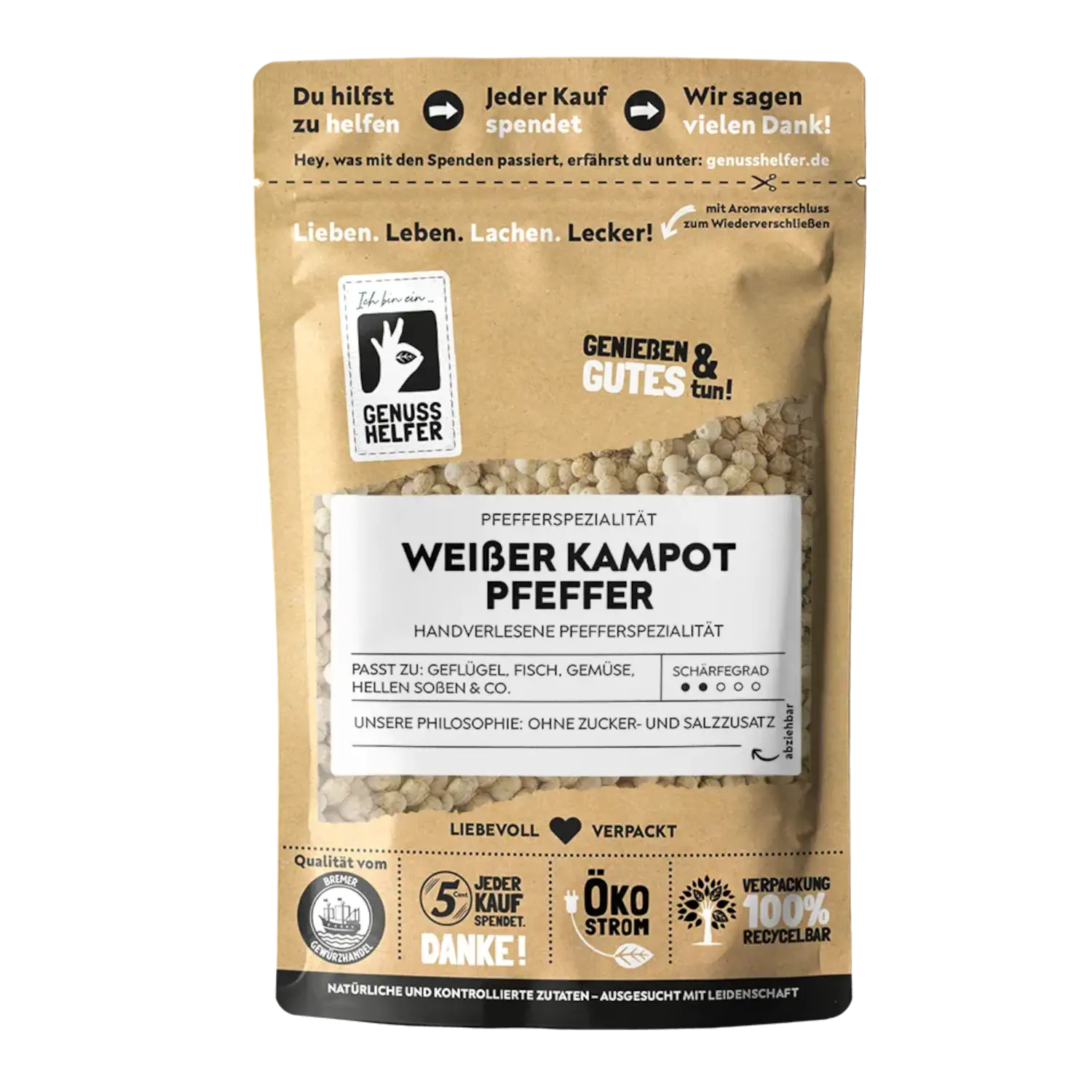 Kampot Pfeffer weiß, ganz Vorderansicht eines Beutels mit weißem Kampot-Pfeffer