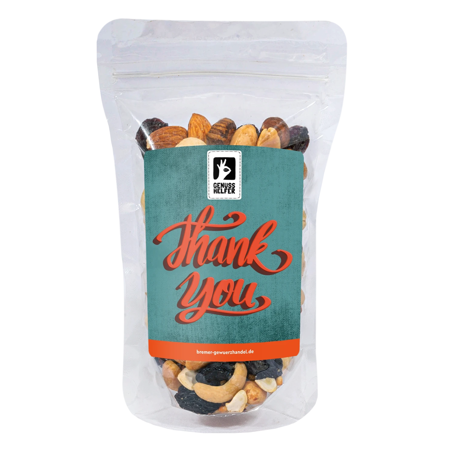 Nuss-Frucht-Mischung „Thank you“ in einem Glas mit individualisierbarem Etikett