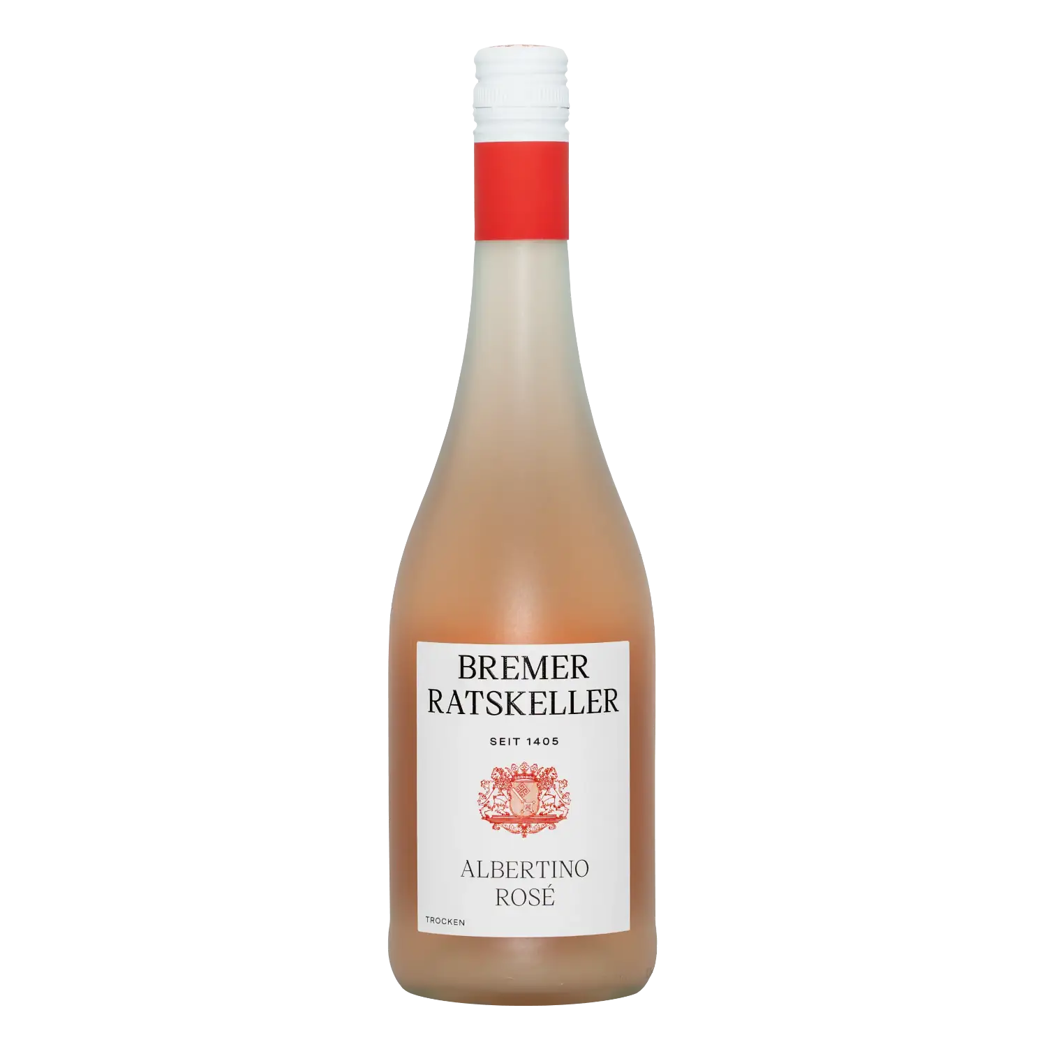 Albertino Secco vom Spätburgunder trocken Vorderansicht einer Flasche „Albertino Rosé Secco Spätburgunder trocken“ vom Bremer Ratskeller