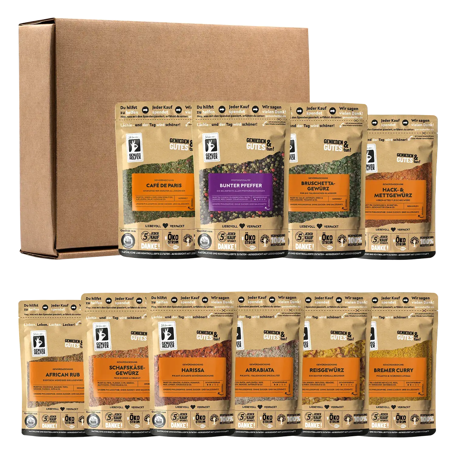 Genuss Box - Mischen Possible, 10 Tlg. Zusammenstellung der Artikel sowie des Kartons der Genussbox „Mischen possible“