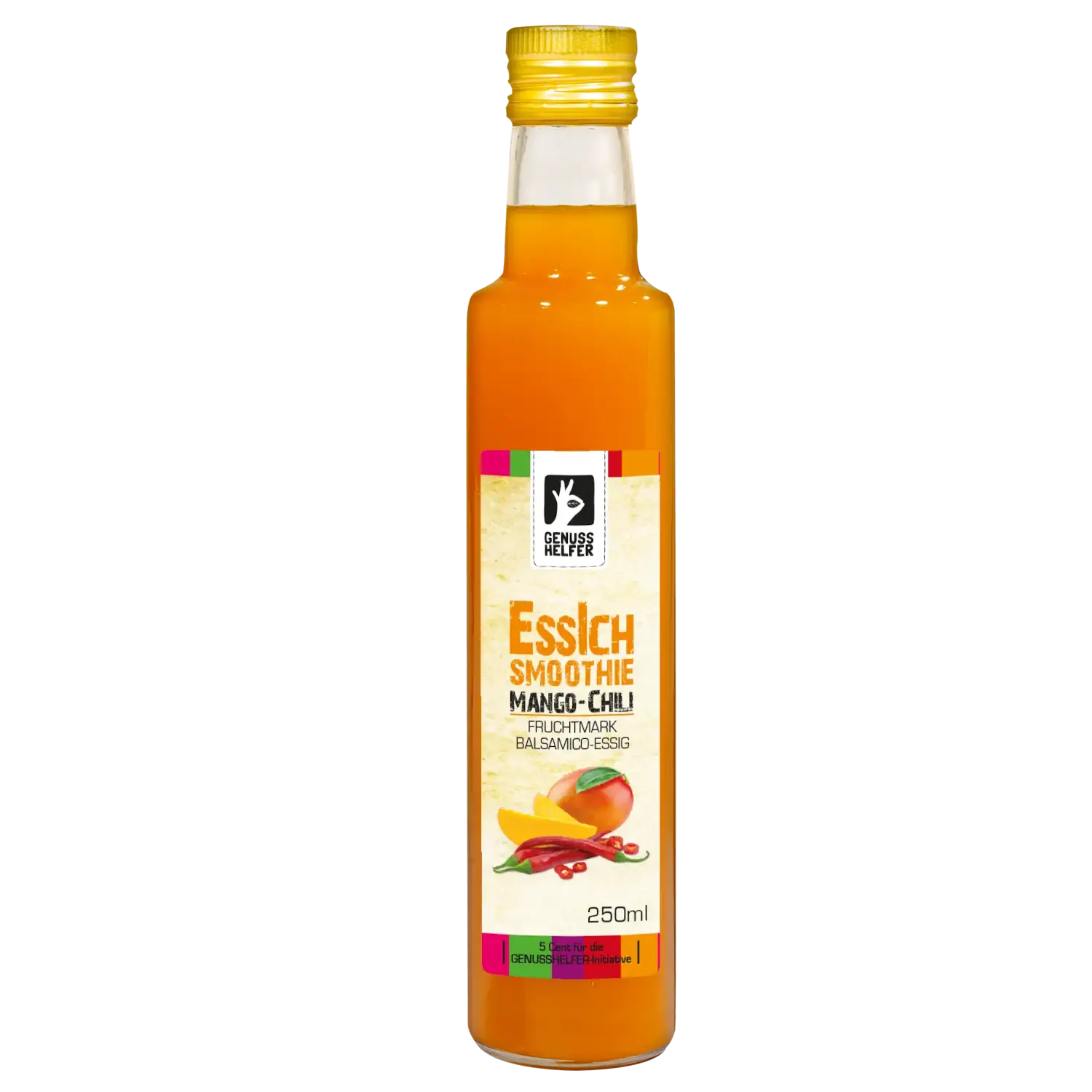 Balsamico Fruchtmark Essig Mango-Chili, EssIch Balsamico-Fruchtmark-Essig mit Mango und Chili in einer Flasche