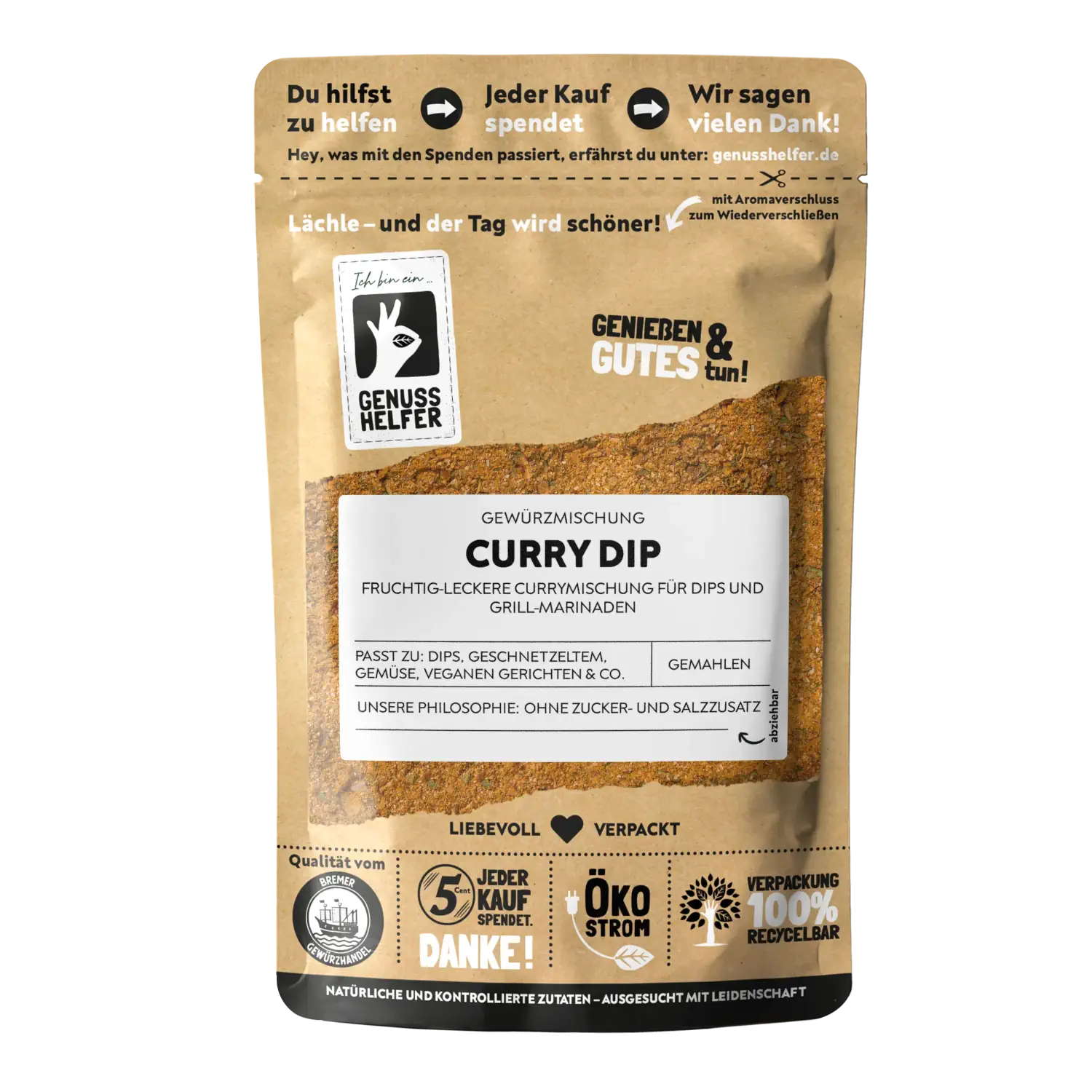 Curry-Dip Vorderansicht eines Beutels mit Curry-Dip
